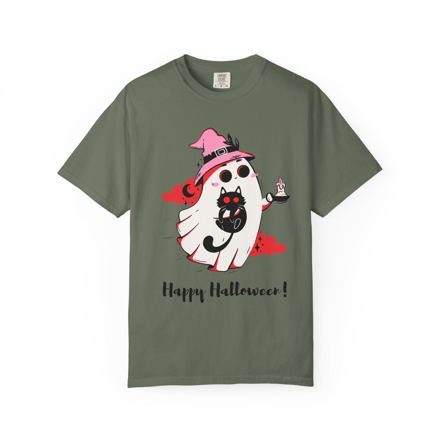 Ghostly Glam T-Shirt - Witchy Whimsy with Cat Companion