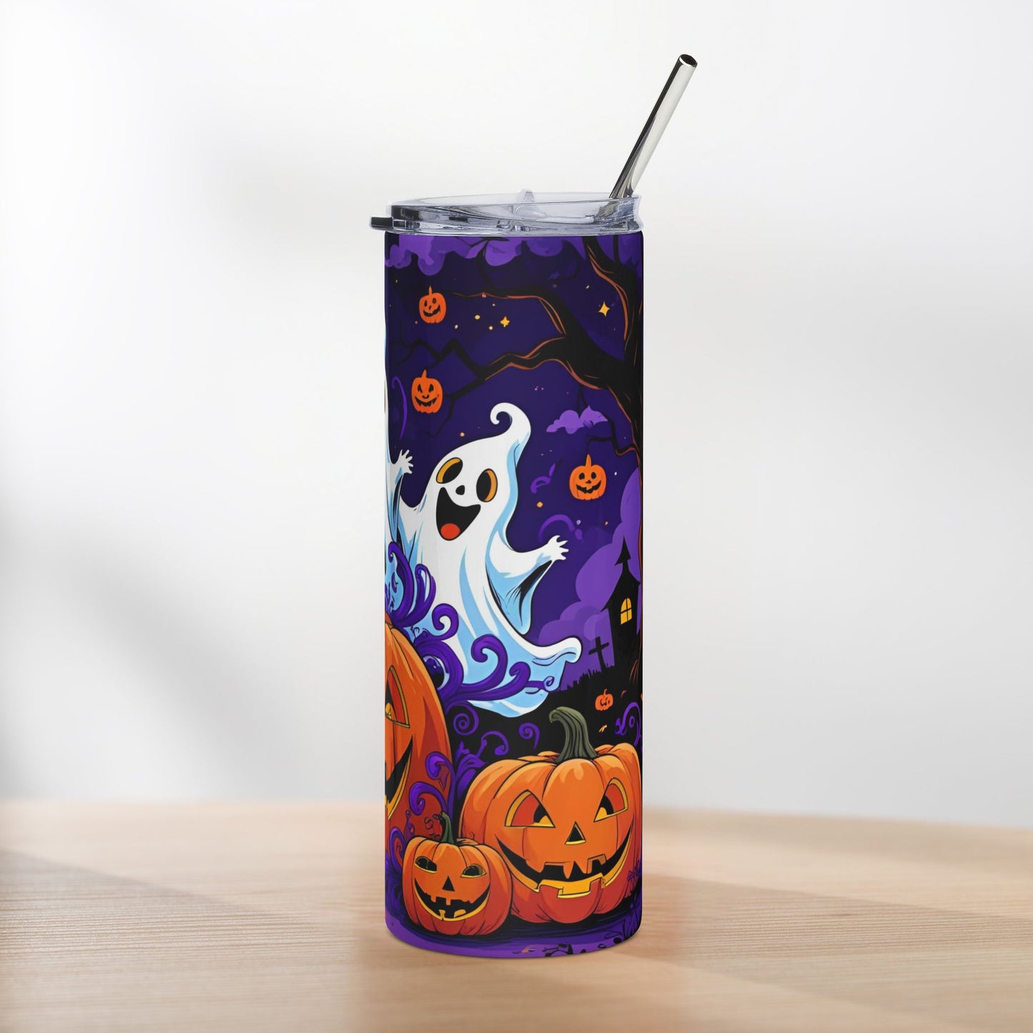 Smiling Ghost & Pumpkin Halloween Tumbler – Festive Purple Swirl Design