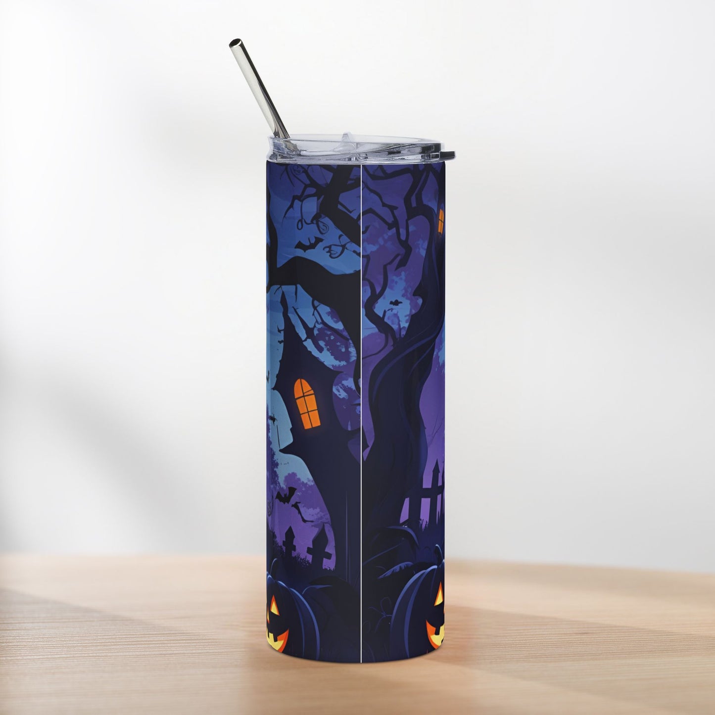 Haunted House Halloween Tumbler – Moonlit Path & Pumpkin Glow