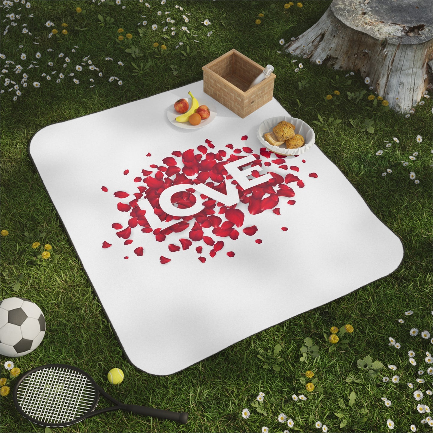 Love with Heart made of Flowers Printed Picnic Blanket for Valenitne Day