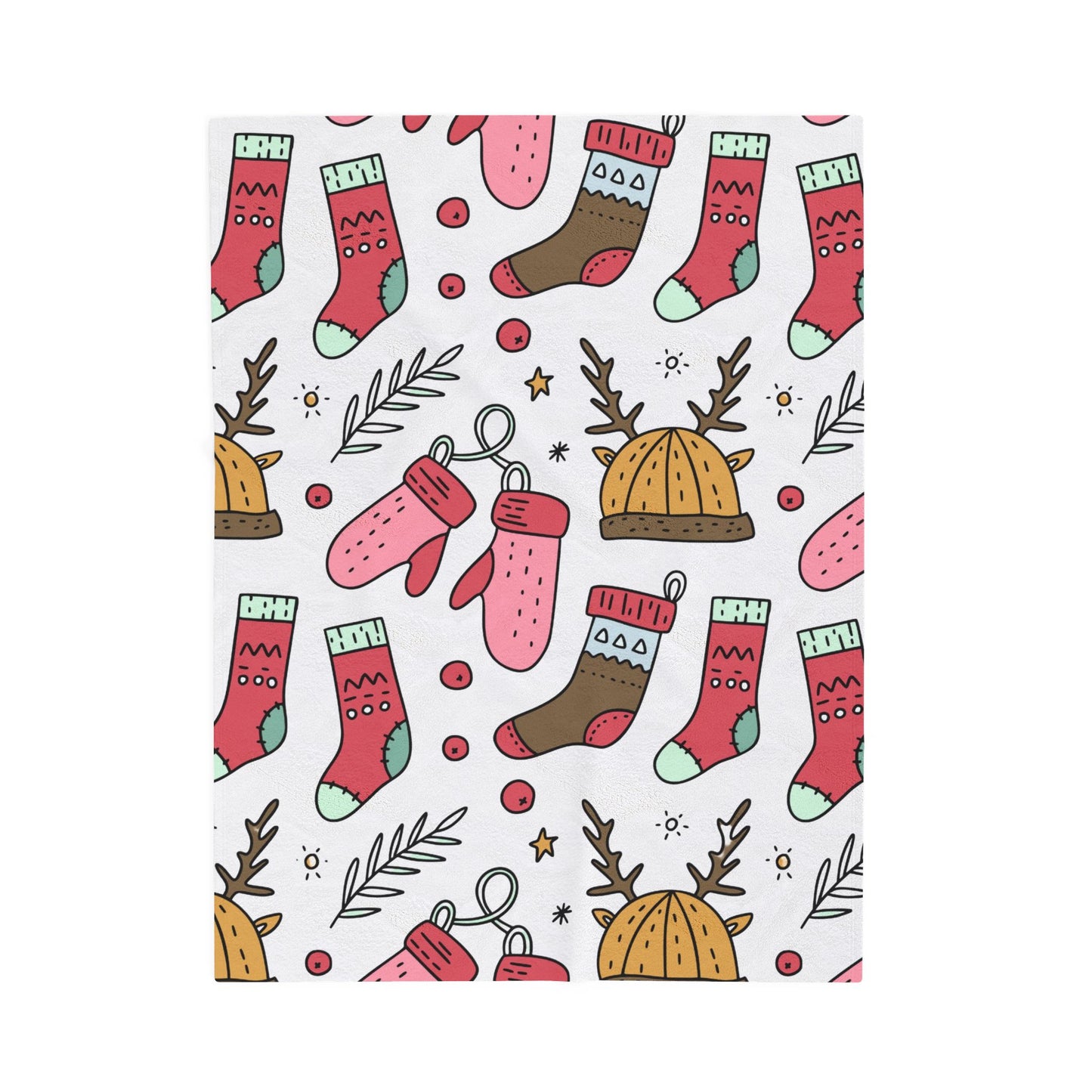 Holiday Print Velveteen Plush Blanket – Reindeer, Mittens & Stockings Design