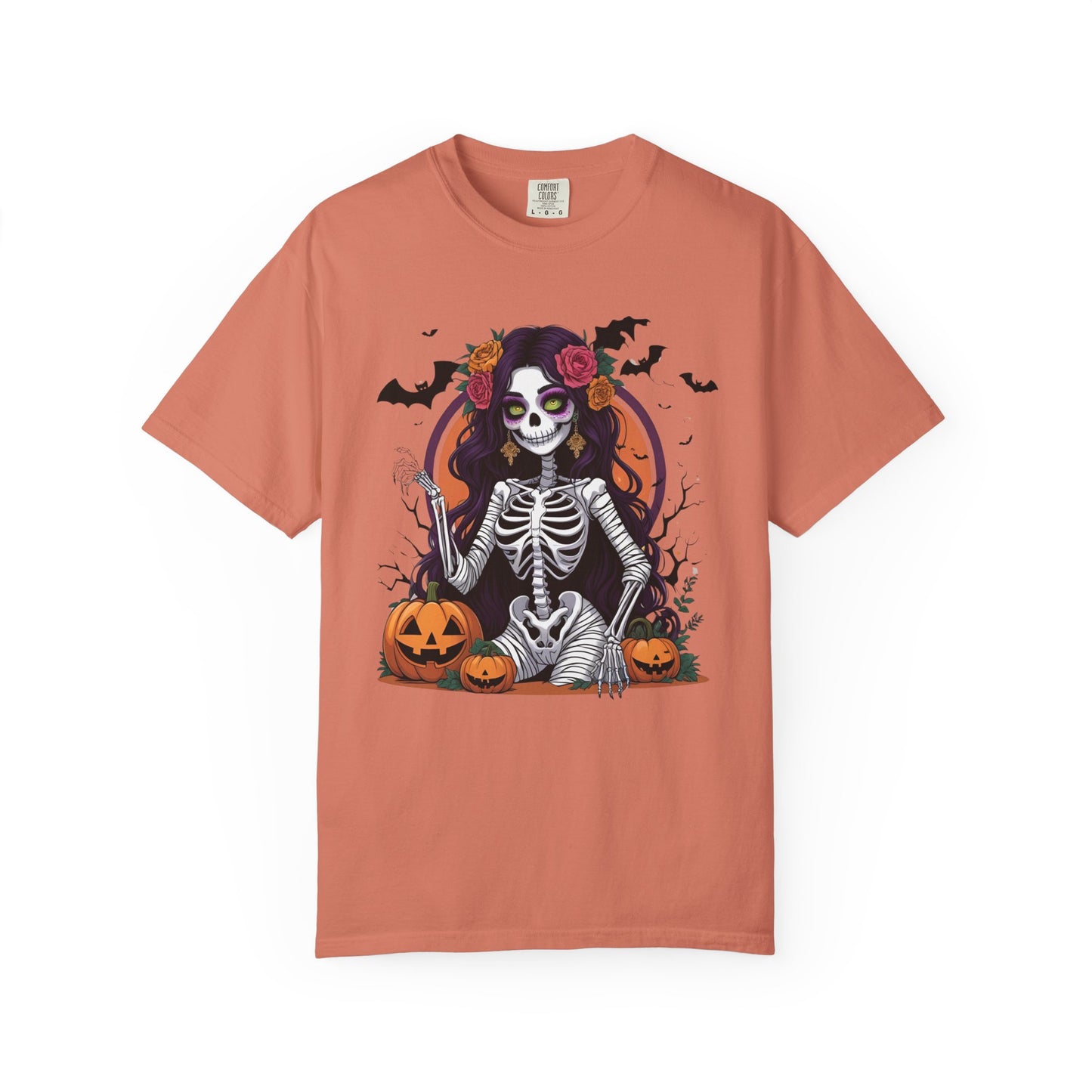 Sitting Skeleton Girl Tee – Gothic Halloween Shirt with Floral Crown