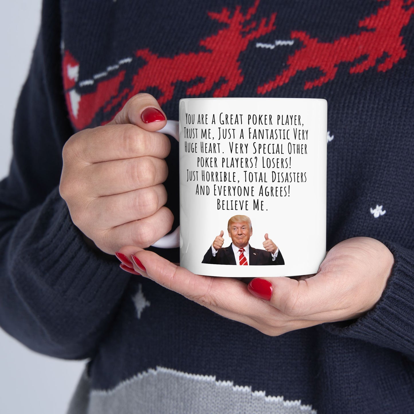 Trump Poker Mug – Funny Political Coffee Cup with Trump Playing Cards – White Ceramic Mug, 15oz – Conservative Gift for Men, Republicans, Poker Lovers, and Trump Supporters