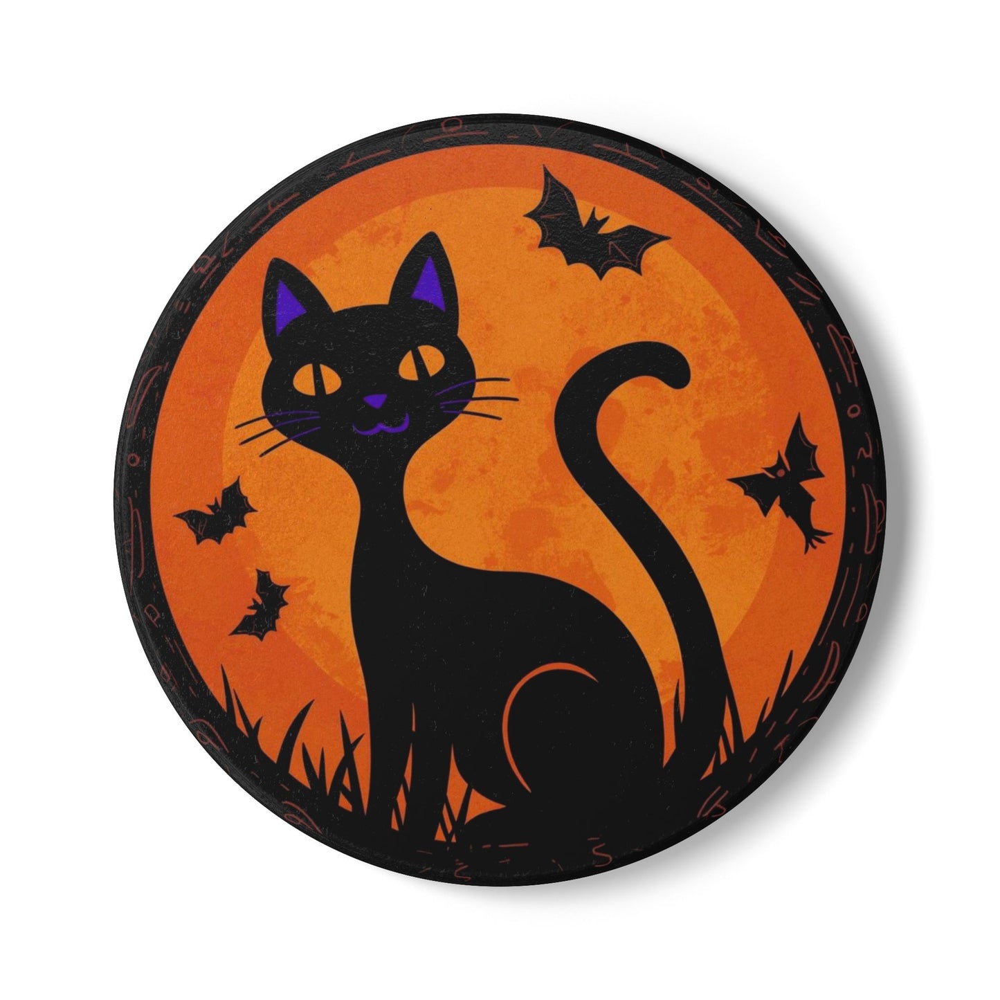 Whimsical Halloween Ceramic Coaster with Black Cat Design