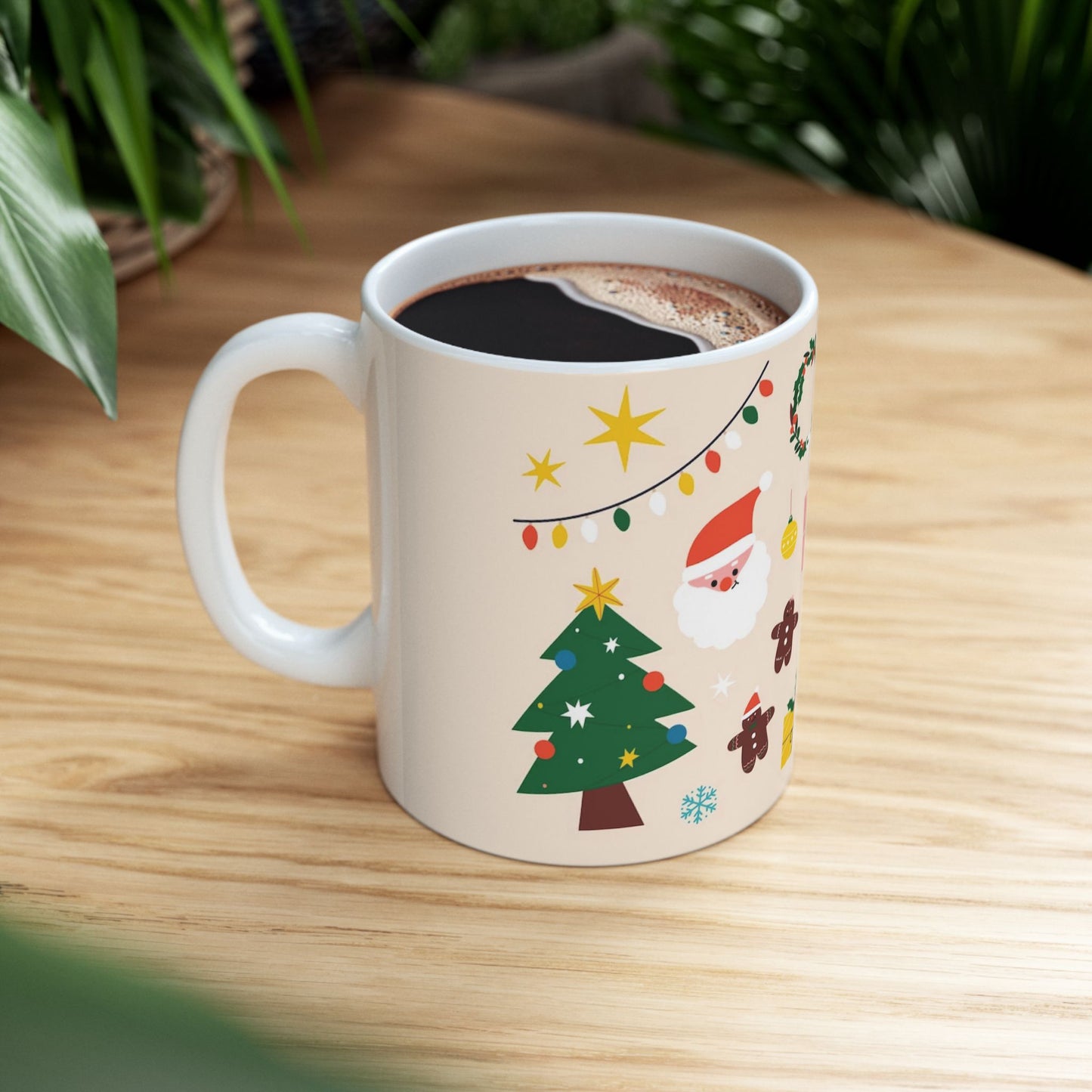 Ceramic Mug – Christmas Icons with Santa, Gingerbread Men & Wreaths – 11oz Festive Gift for Coffee & Cocoa Lover