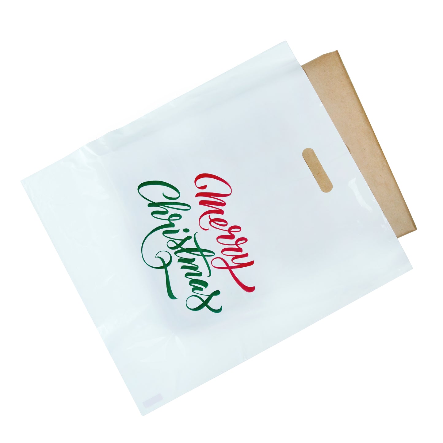 16x18 Pack of 100 Merry Christmas Printed White Plastic Gift Bags 1.75 Mil With Die Cut