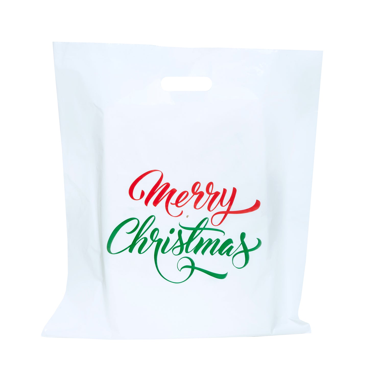 16x18 Pack of 100 Merry Christmas Printed White Plastic Gift Bags 1.75 Mil With Die Cut
