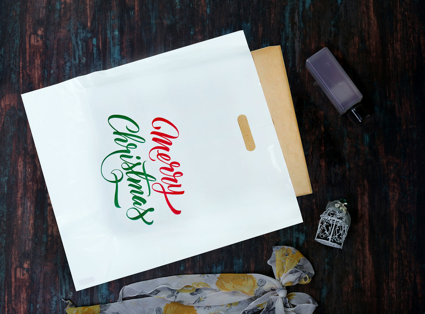 16x18 Pack of 100 Merry Christmas Printed White Plastic Gift Bags 1.75 Mil With Die Cut