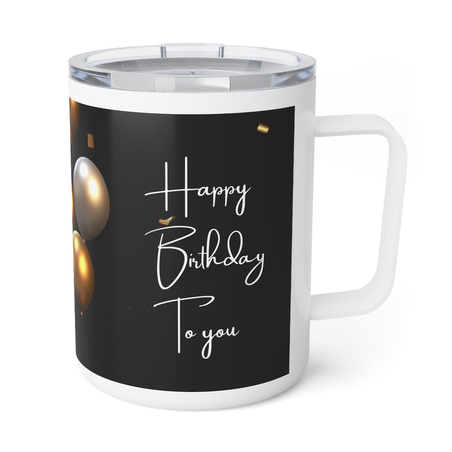 Happy Birthday Travel Mug – Black & Gold Balloon Design, 10oz Insulated Stainless Steel Coffee Tumbler with Lid