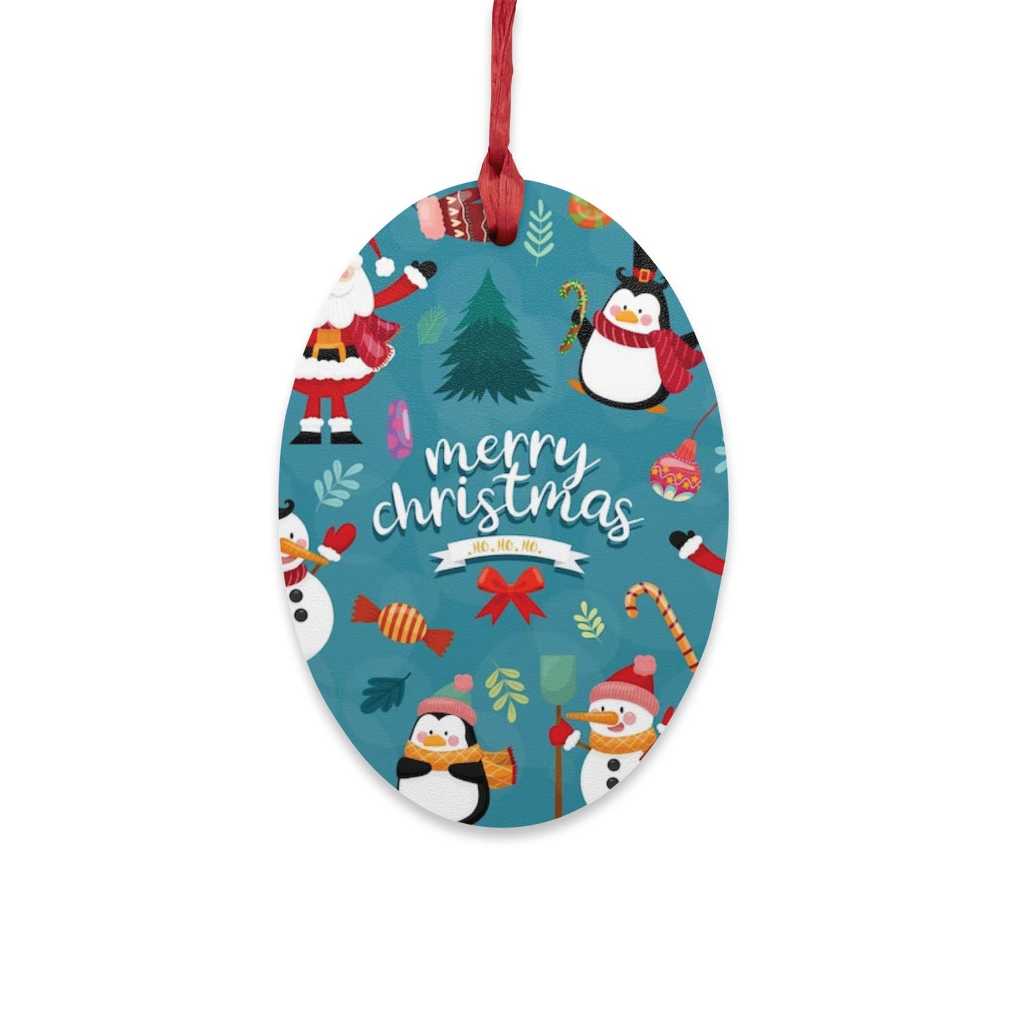 Wooden Ornament – Blue Christmas Stocking with Santa, Snowman & Penguin – Magnetic Holiday Decor with Ribbon