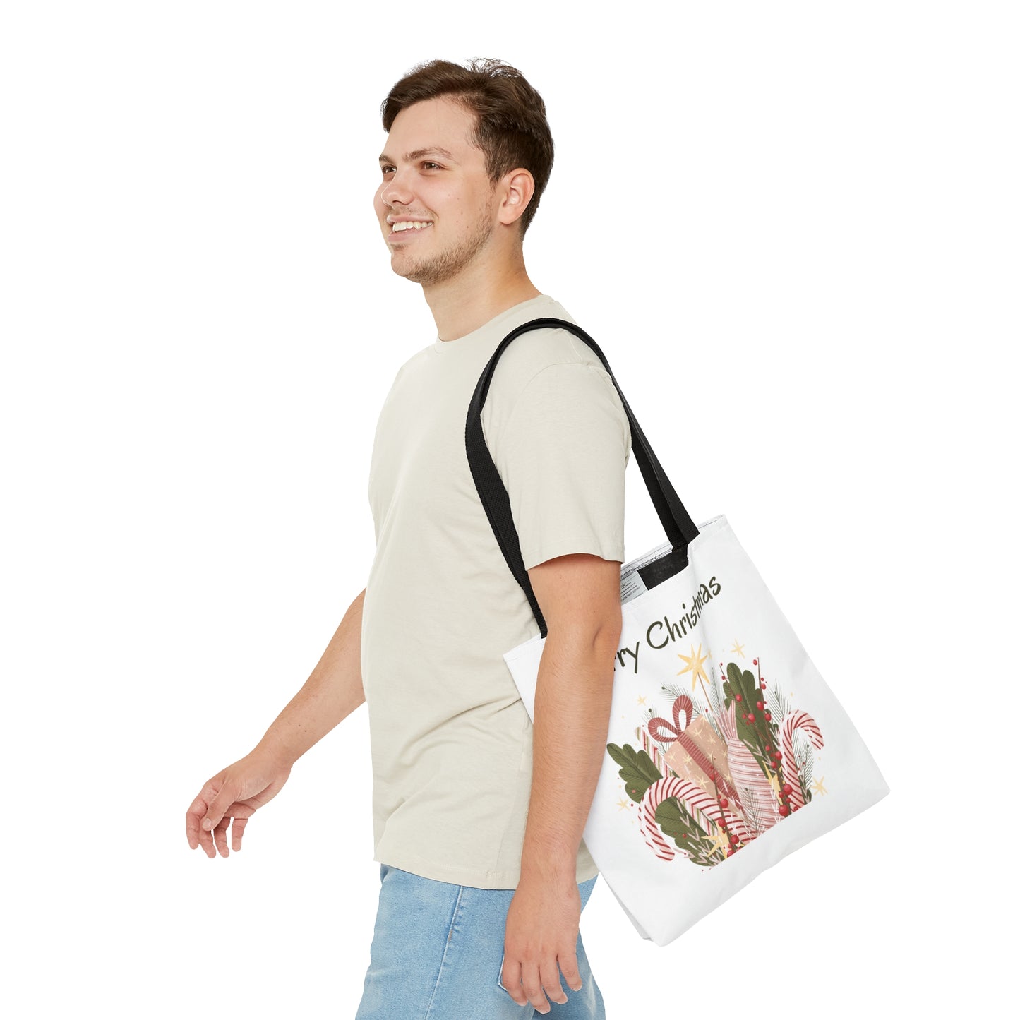Christmas Tote Bag with “Merry Christmas” Gift Design – Durable All-Over Print Holiday Carryall in 3 Sizes