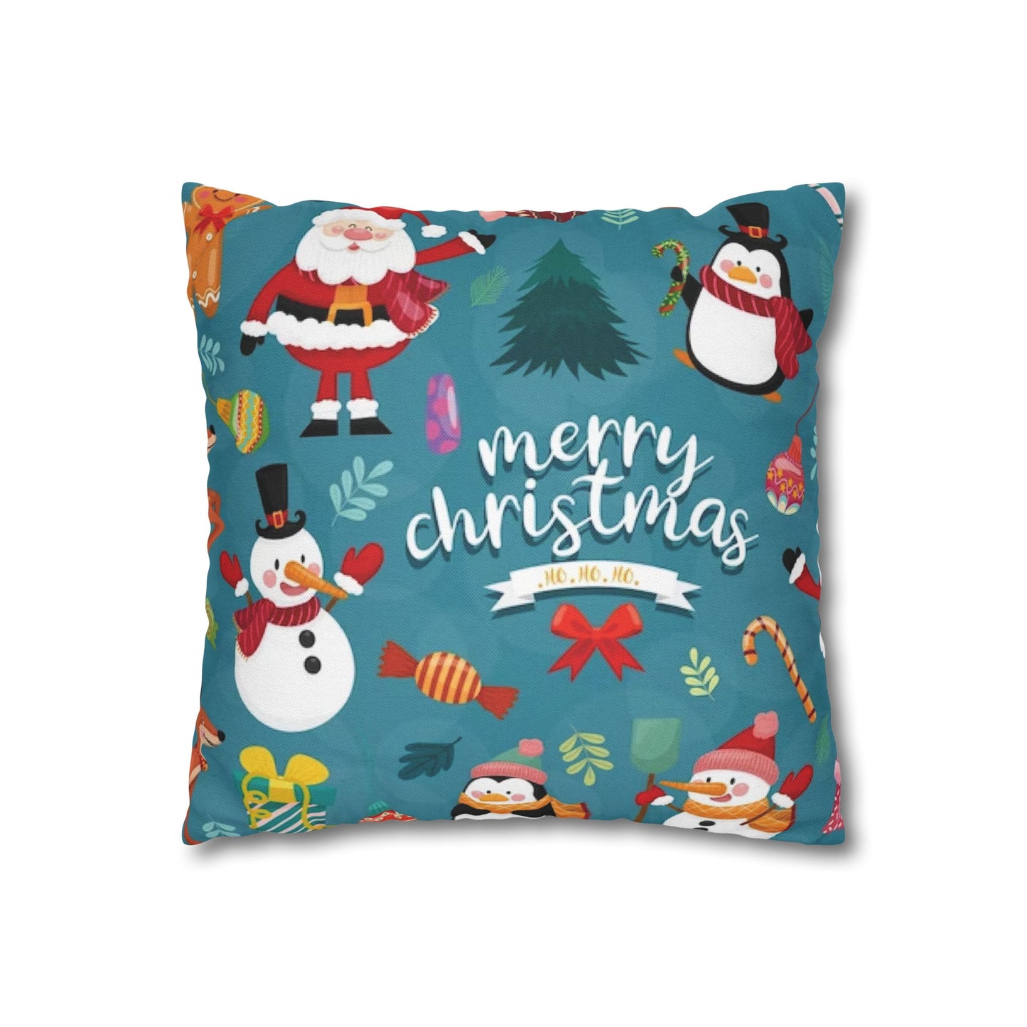 Indoor Pillowcase – Blue Christmas Design with Santa, Snowmen & Penguins – Festive Holiday Decor Accent