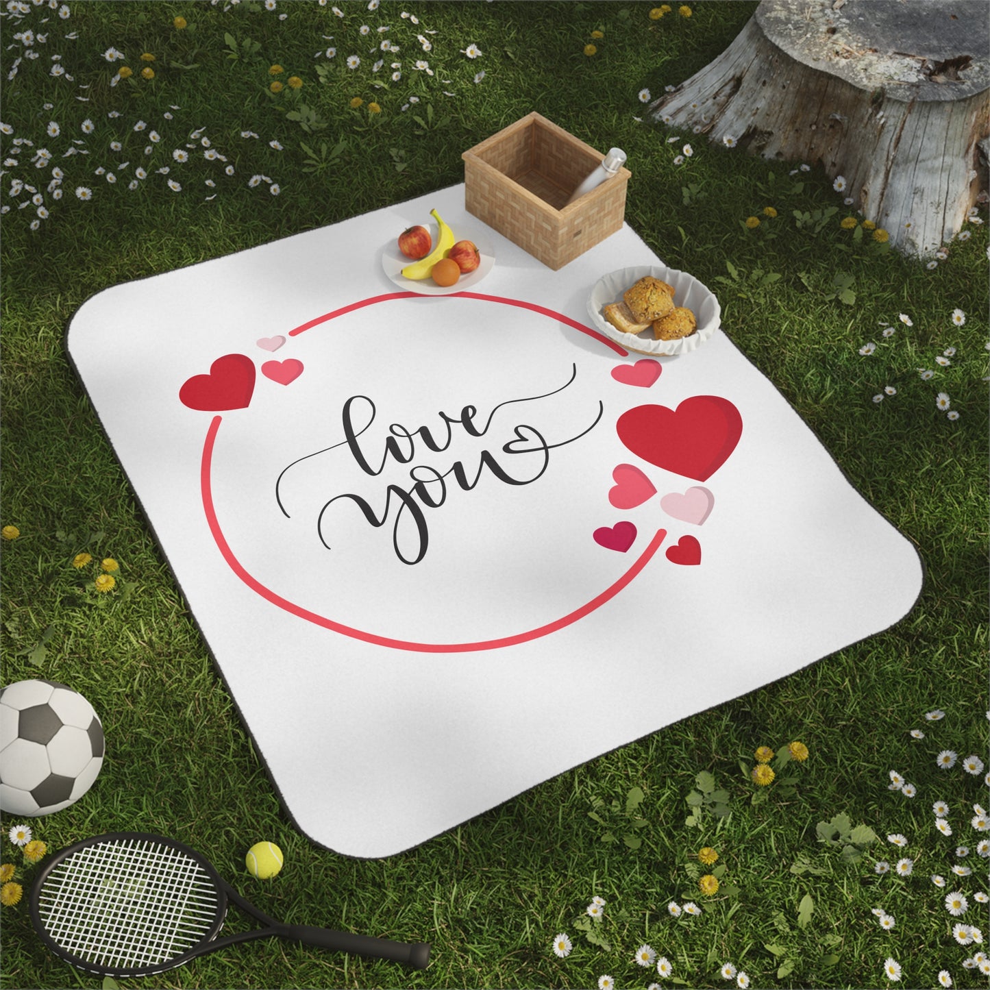 Love You with Flying Hearts Printed Picnic Blanket for Valentine