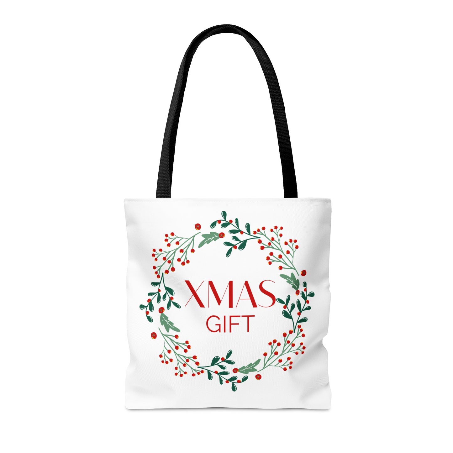Christmas Tote Bag with “XMAS GIFT” Wreath Design – Durable All-Over Print Holiday Carryall in 3 Sizes
