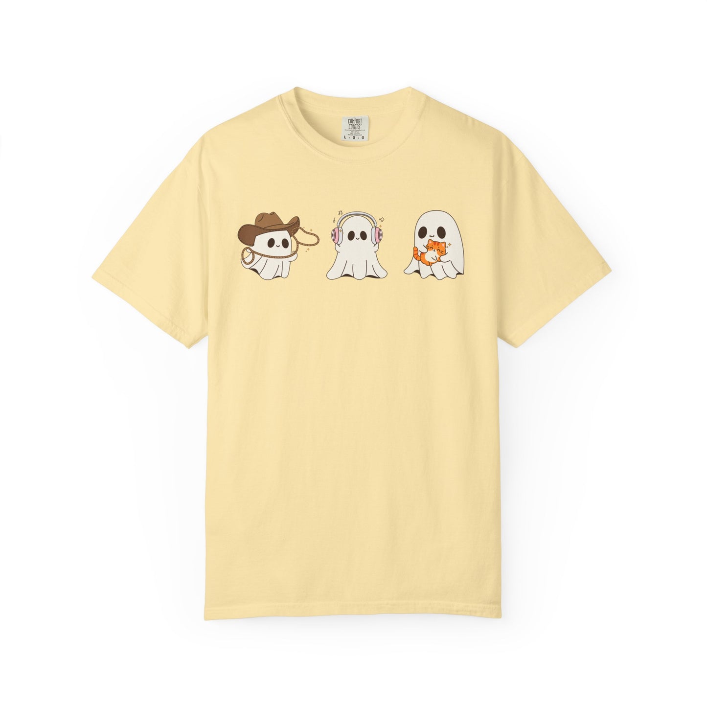 Halloween Ghost Trio T-Shirt – Purple Unisex Tee for Spooky Season & Costume Parties