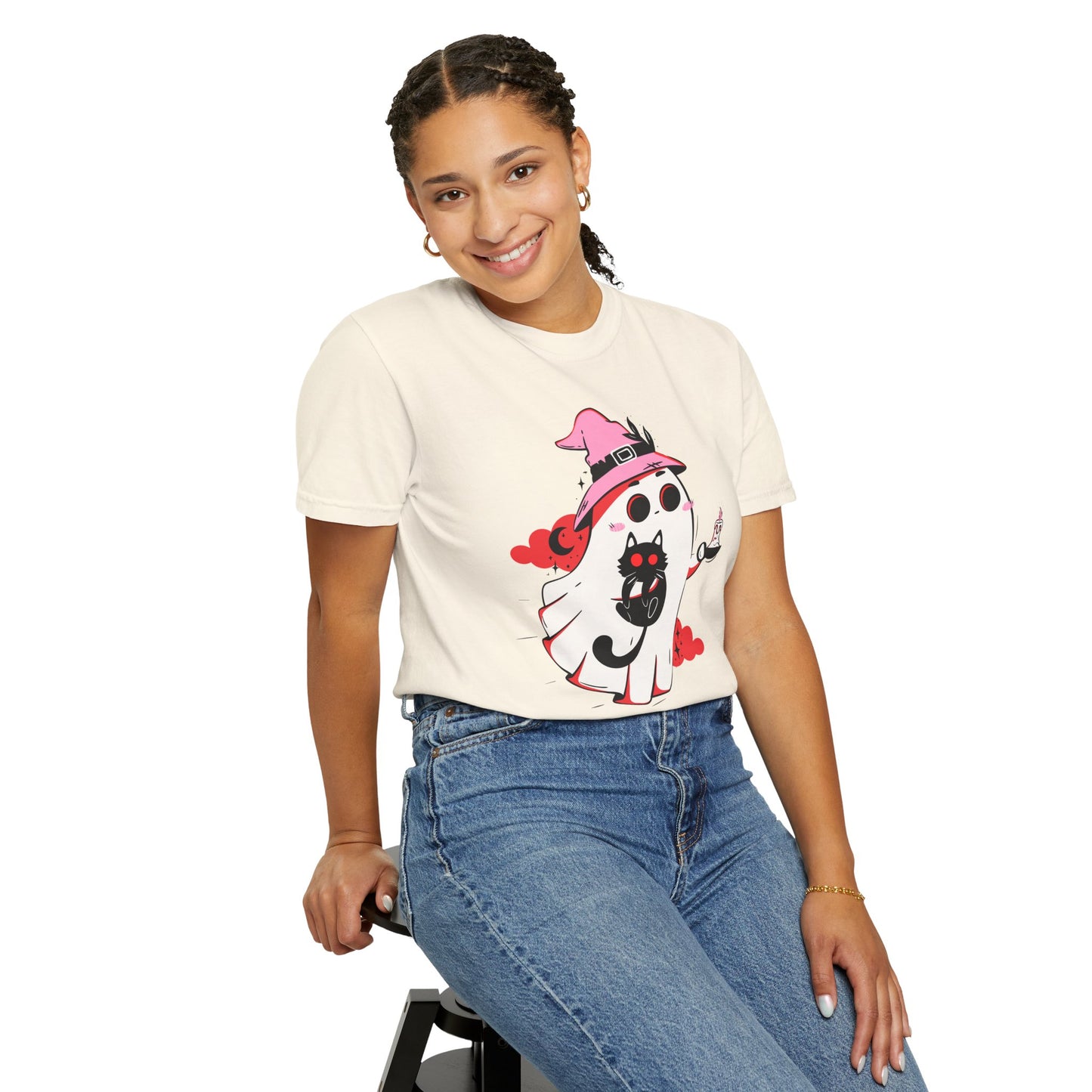 Ghostly Glam T-Shirt - Witchy Whimsy with Cat Companion