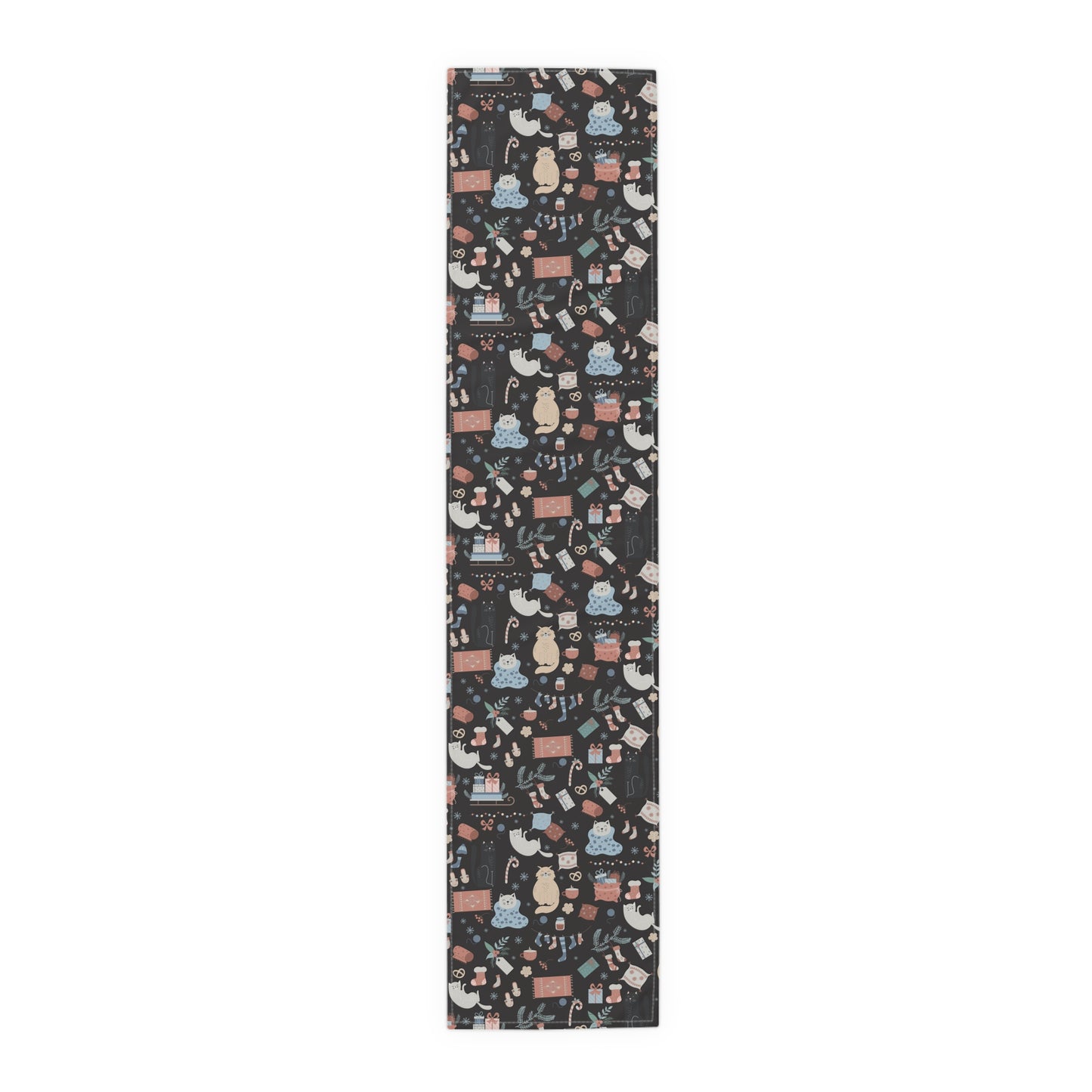 Holiday Table Runner – Festive Animals, Gifts & Foliage on Dark Background