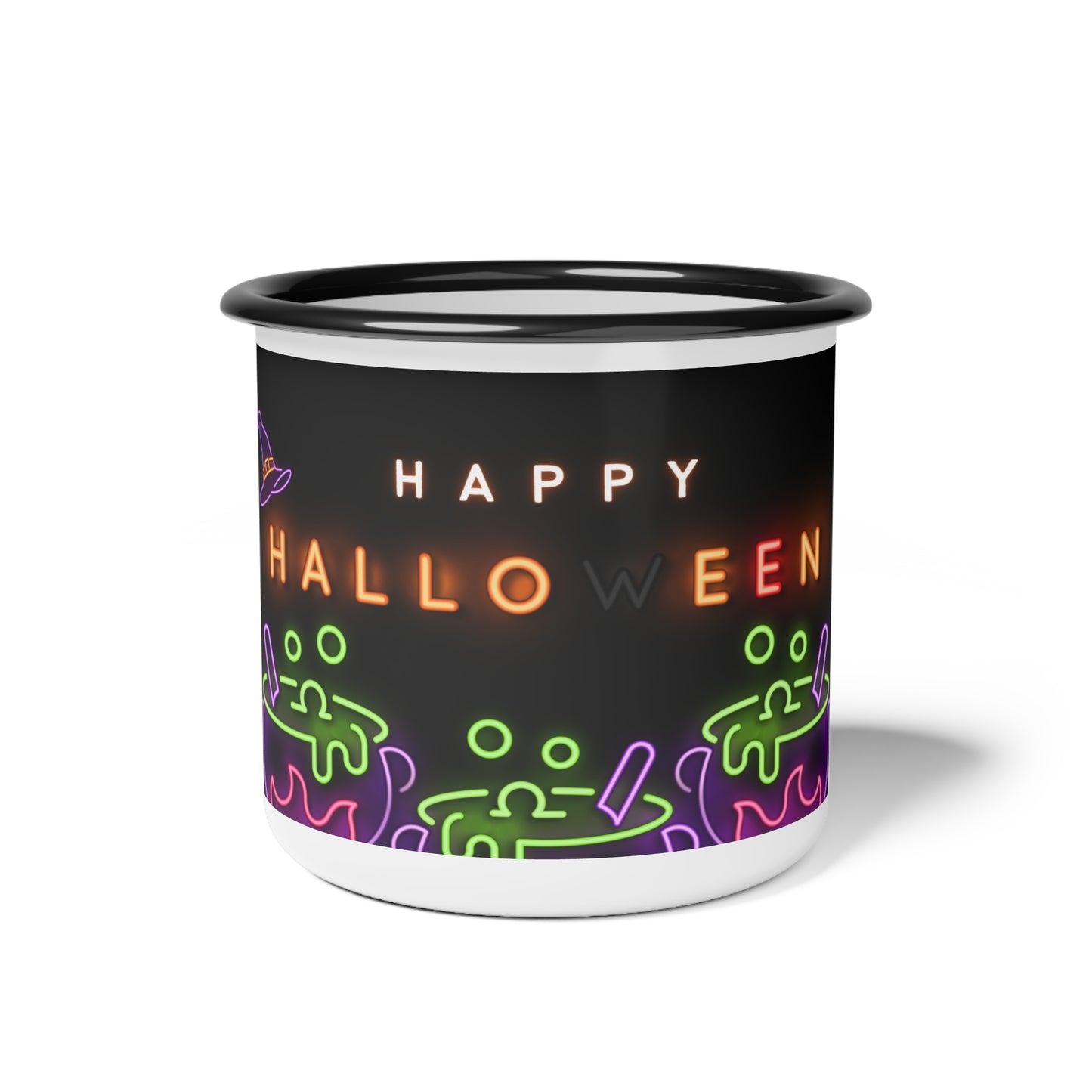 Happy Halloween Enamel Camp Cup – Neon Cauldron and Spooky Design