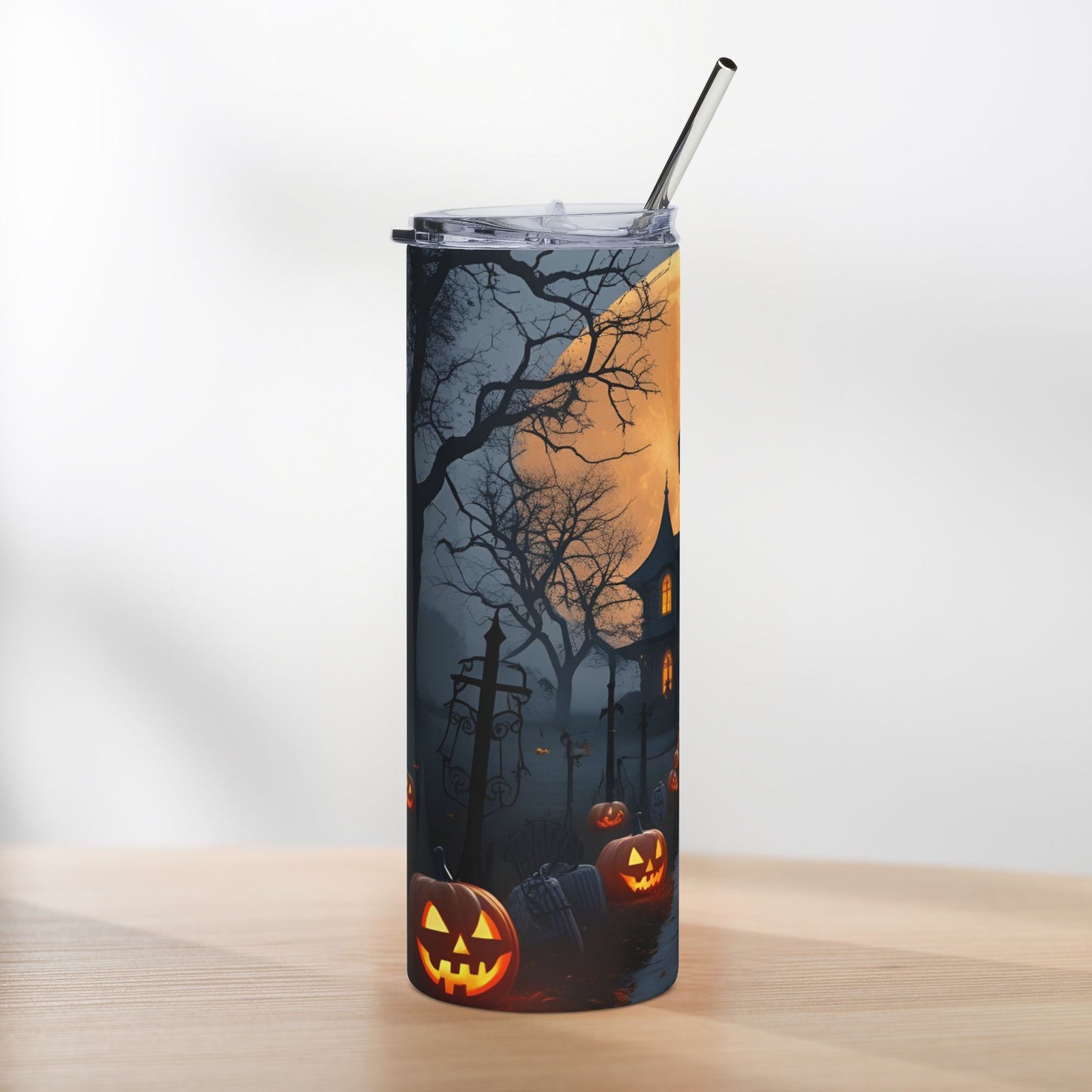 Moonlit Haunted House Halloween Tumbler – Glowing Pumpkins & Spooky Path