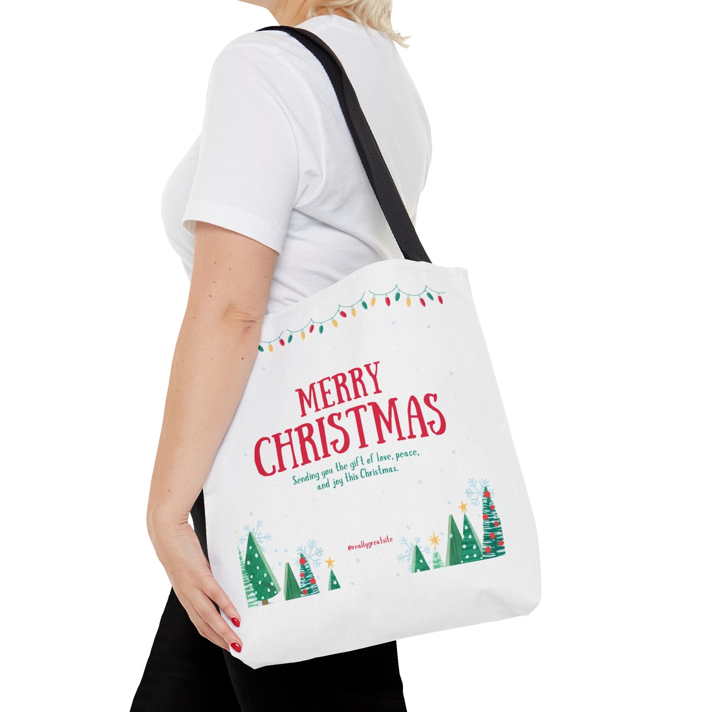 Tote Bag – “MERRY CHRISTMAS” with Lights, Tree Row & Holiday Message – Gift for Festive Errands & Seasonal Cheer