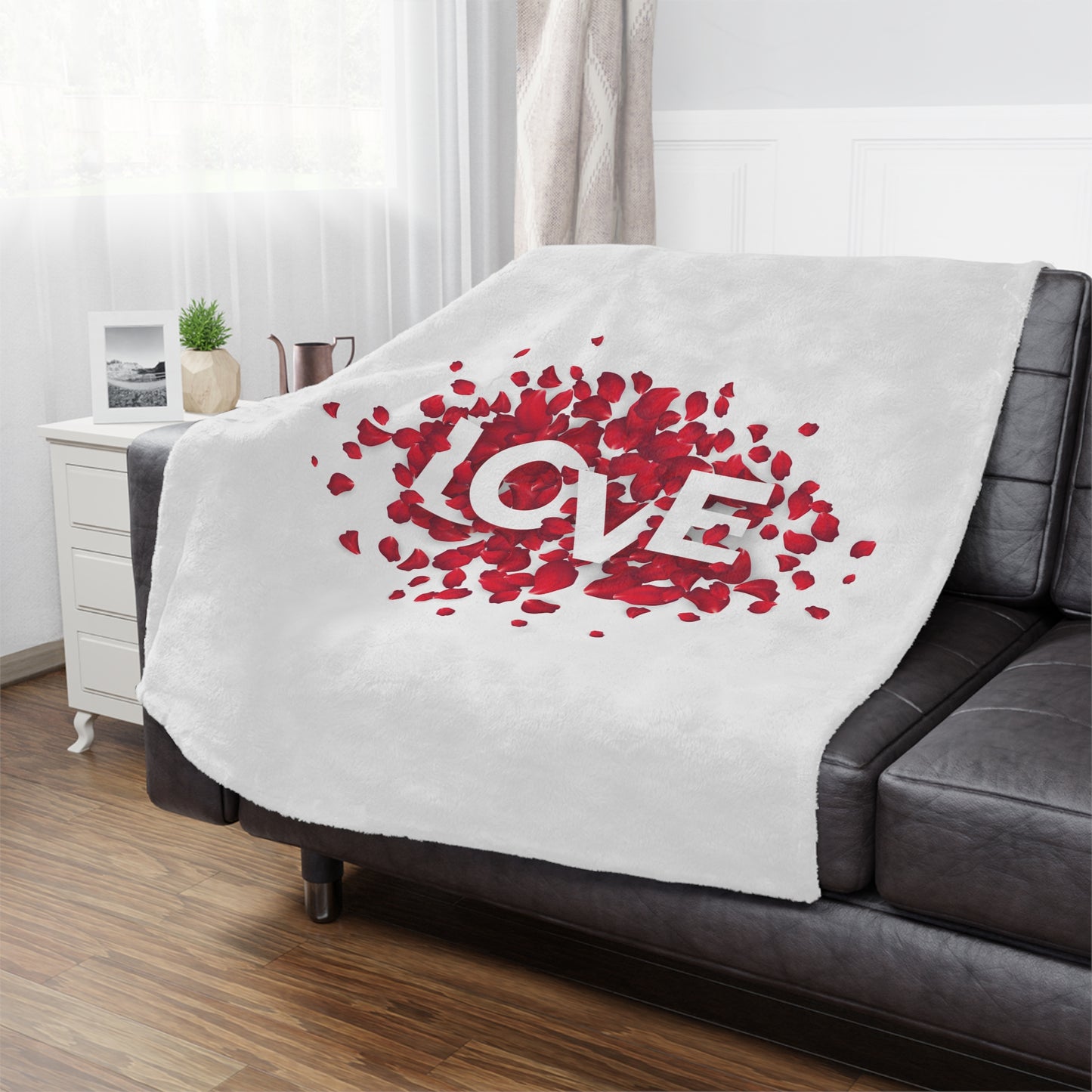 Love with Heart made of Flower Printed Valentine Minky Blanket, White & Red