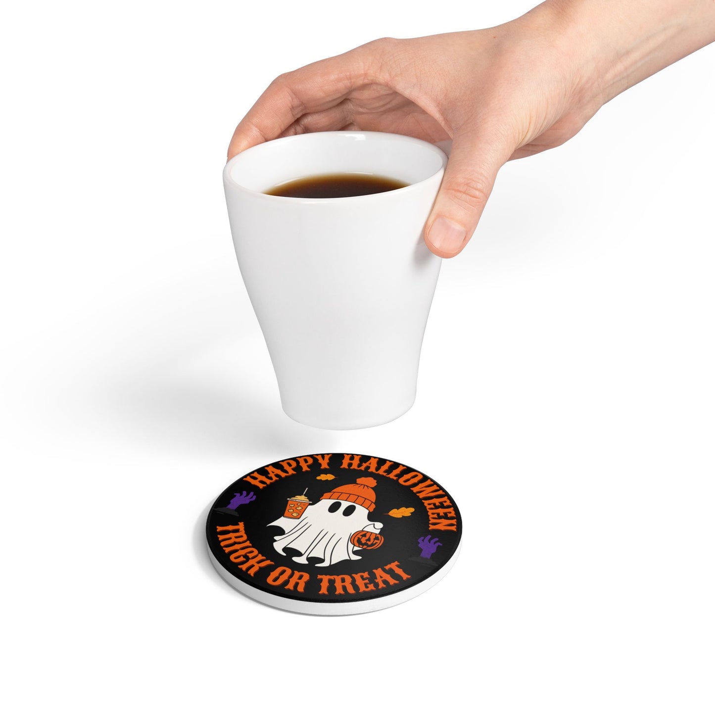 Happy Halloween Ceramic Coaster – Cute Ghost with Pumpkin and Trick or Treat Text