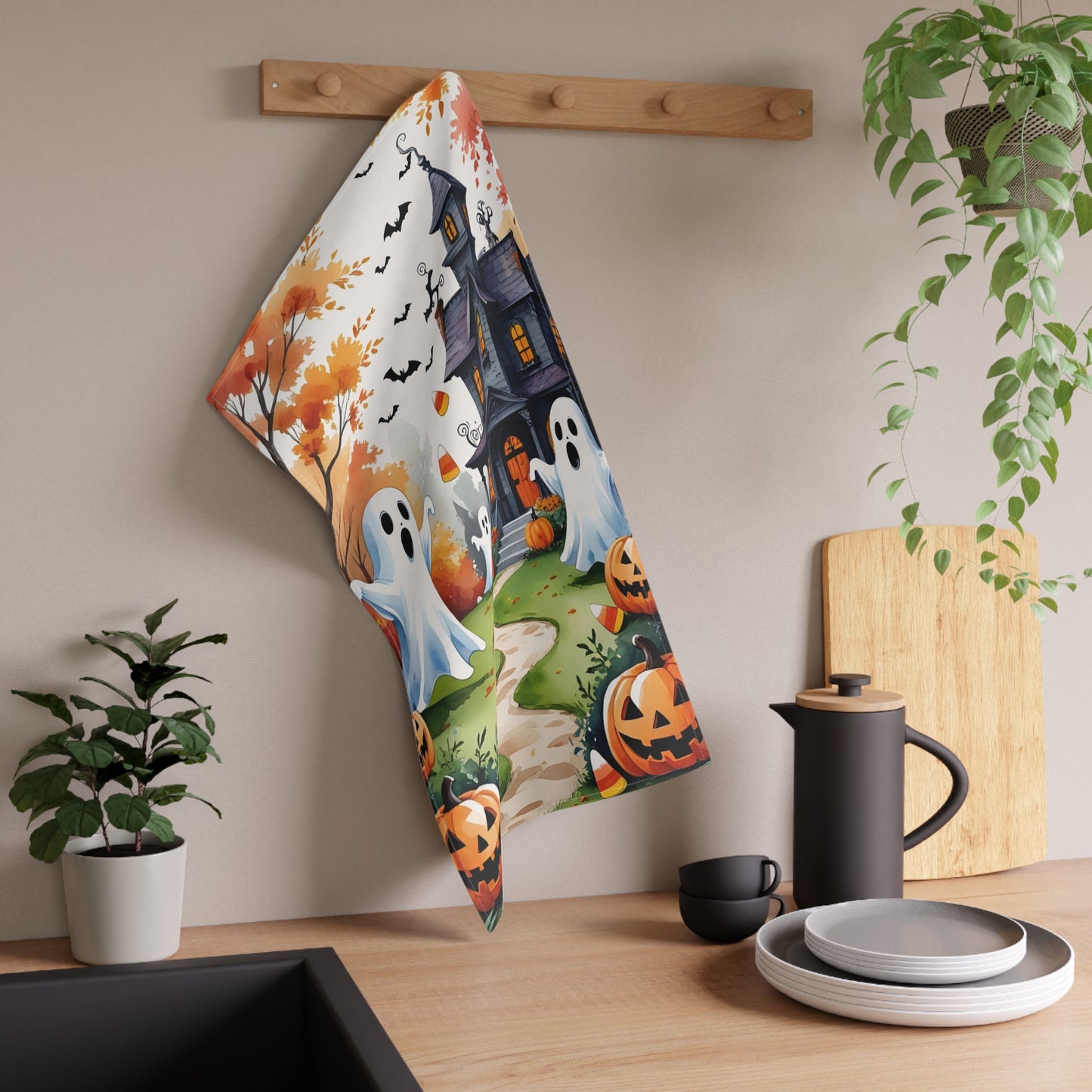 Playful Ghosts Halloween Tea Towel – Haunted House, Pumpkins, and Autumn Leaves