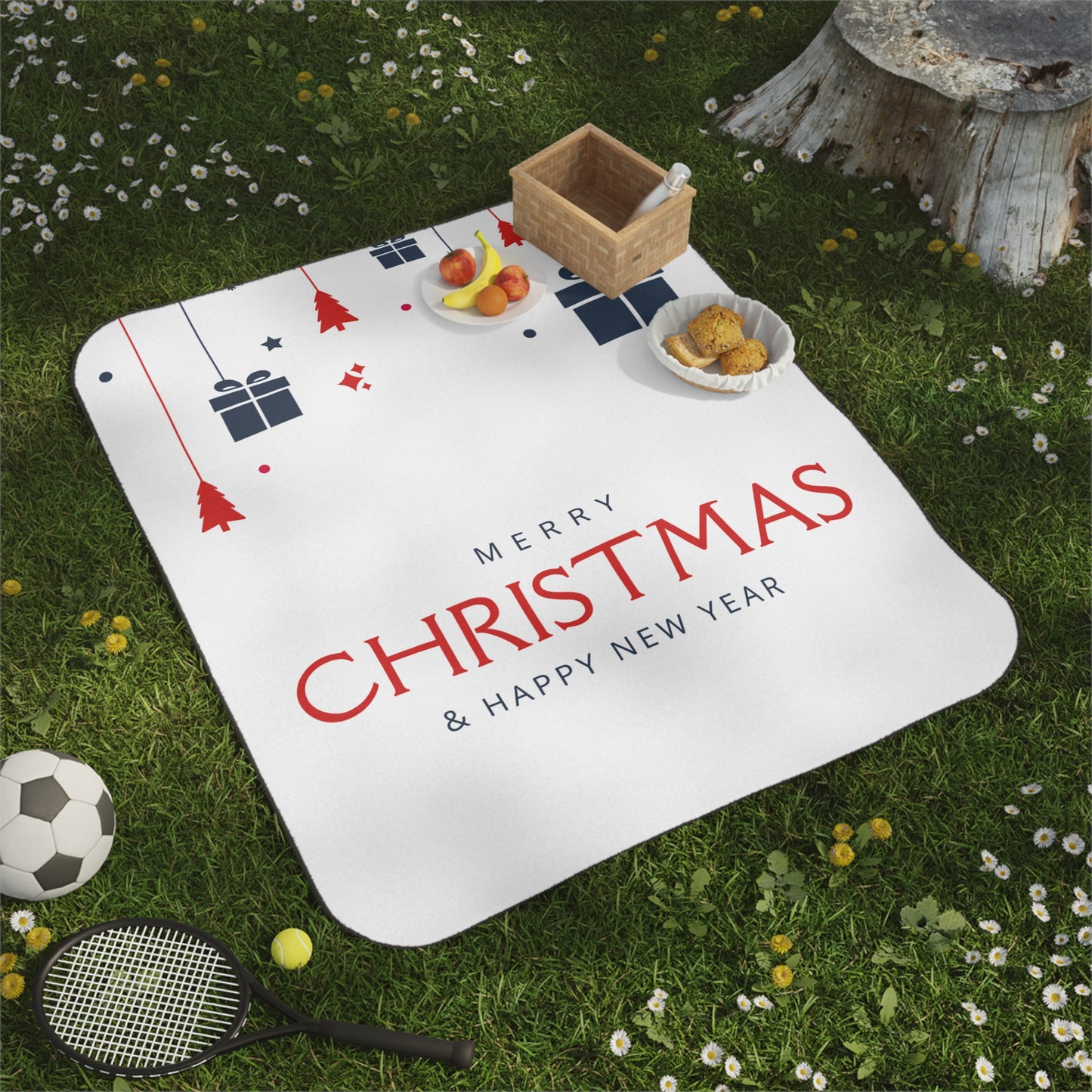 Merry Christmas & Happy New Year Printed Picnic Blanket, White