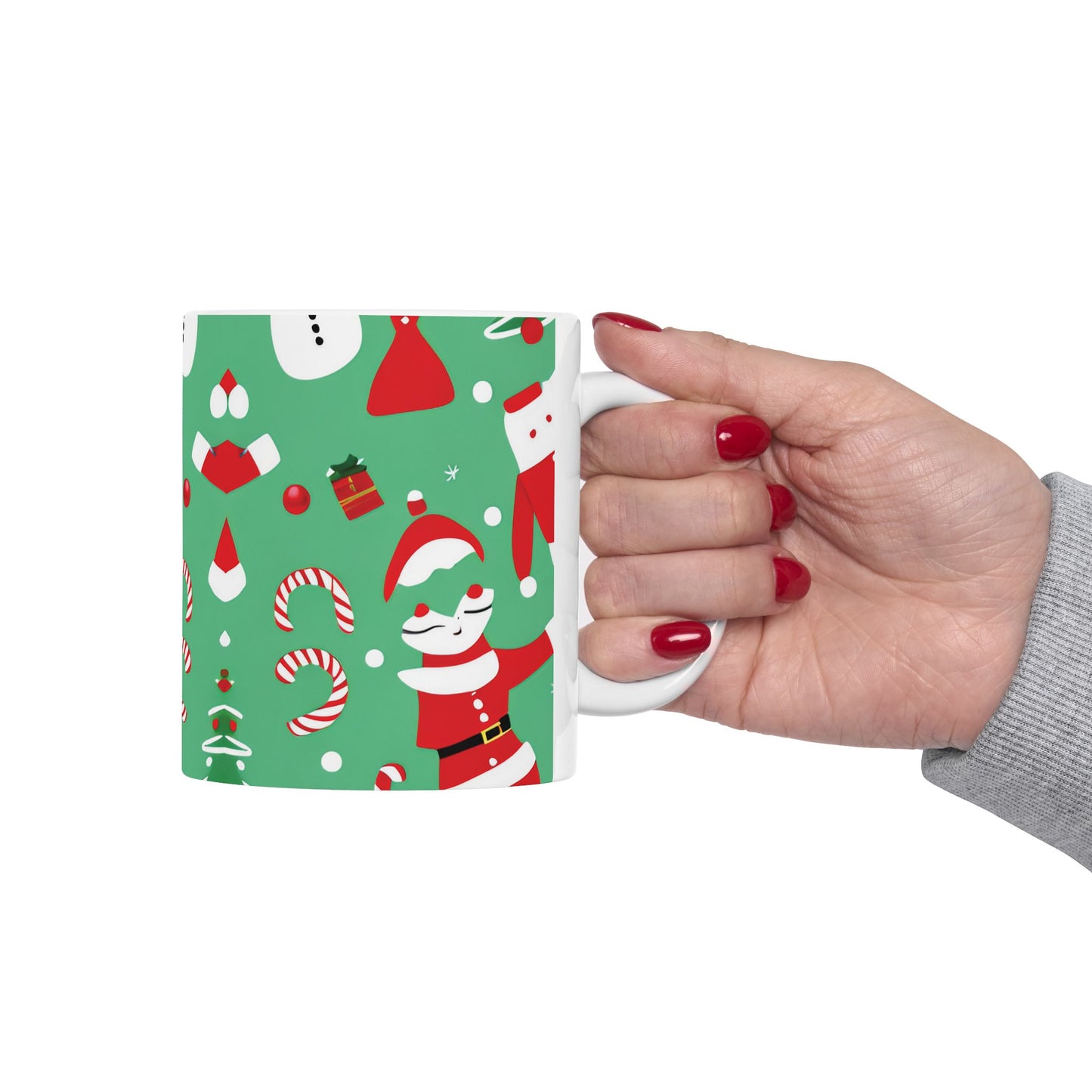 Ceramic Mug – Green Christmas Design with Santa, Candy Canes & Gifts – Holiday Gift for Coffee & Cocoa Lovers