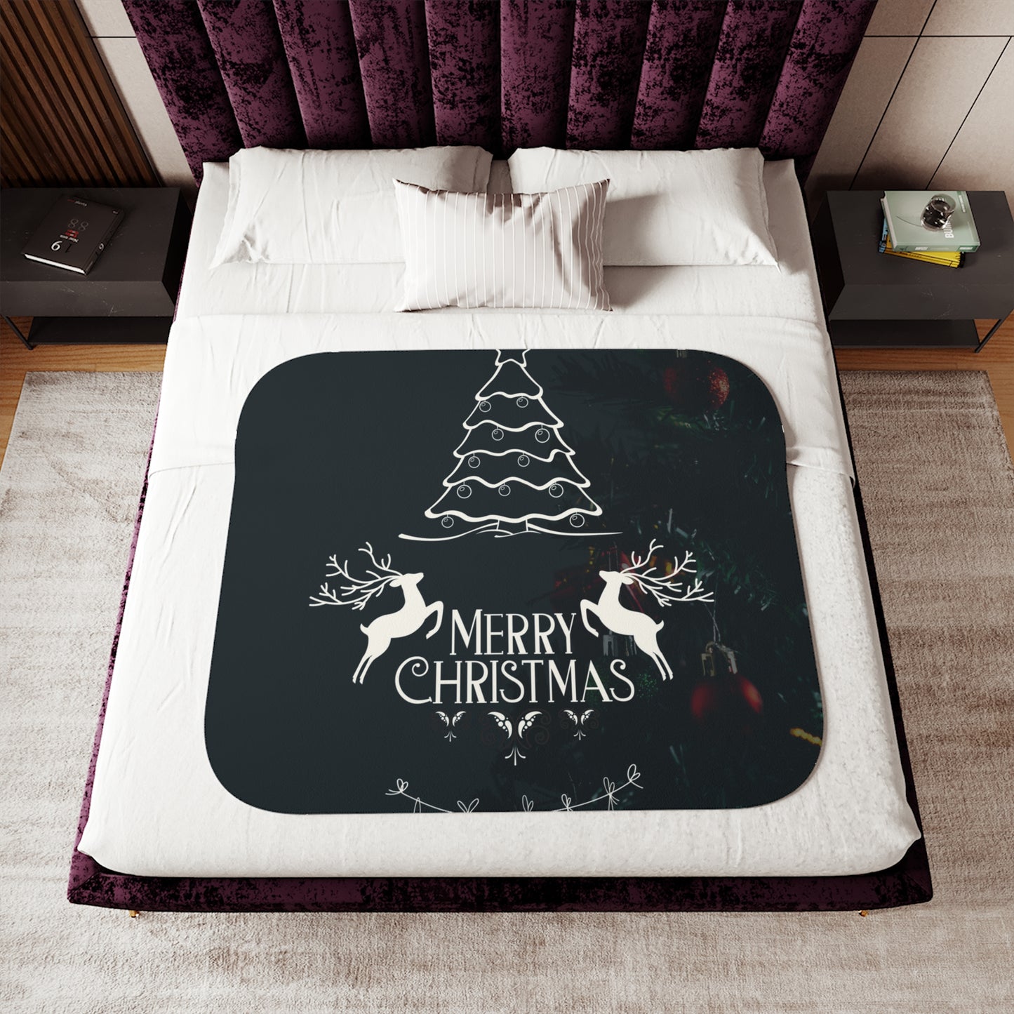Merry Christmas in Black Printed Sherpa Blanket