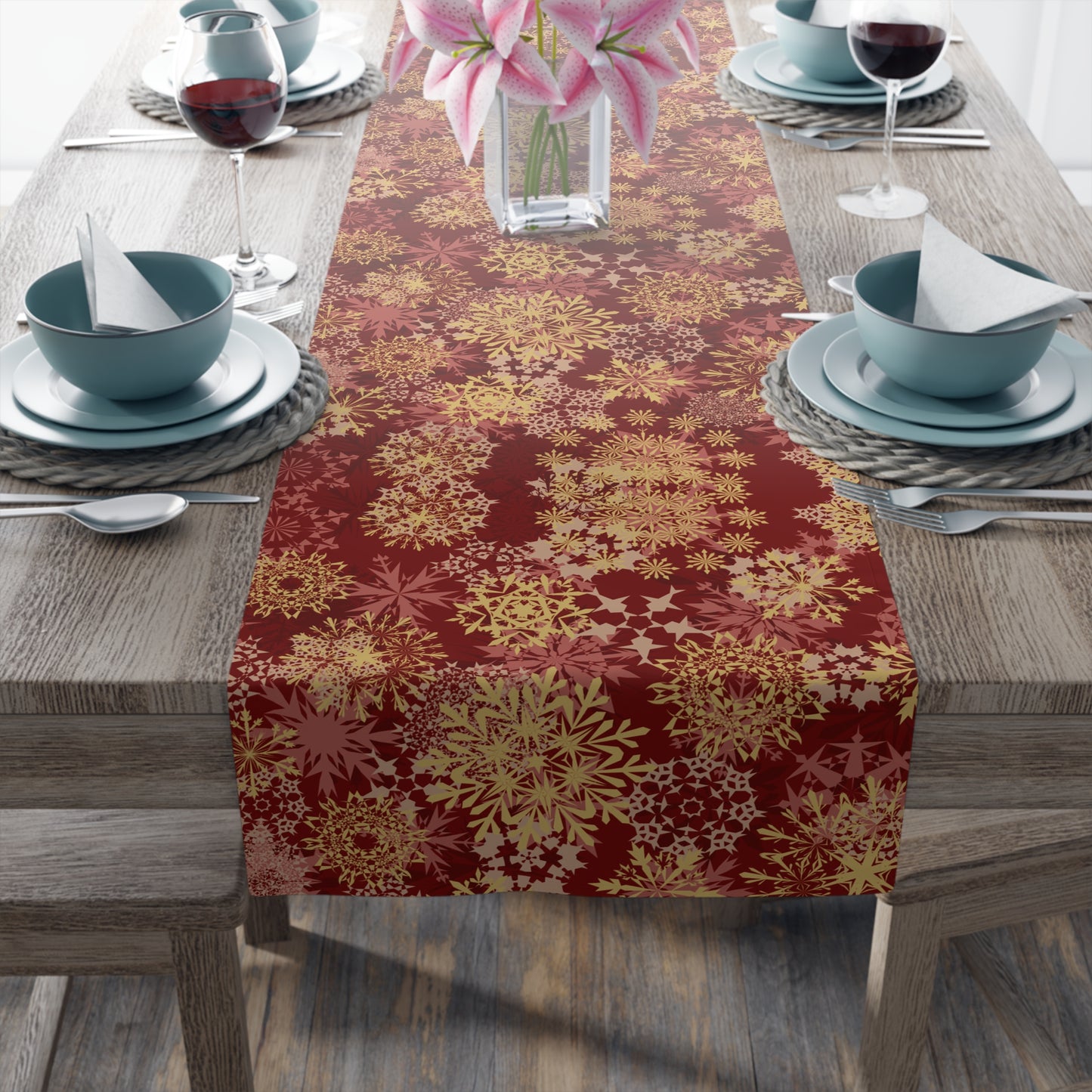 Maroon Floral Table Runner – Elegant Gold & Pink Flower Pattern Decor