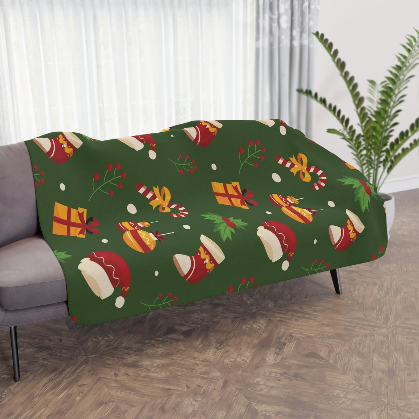 Christmas Tan Sherpa Blanket, Dark Green