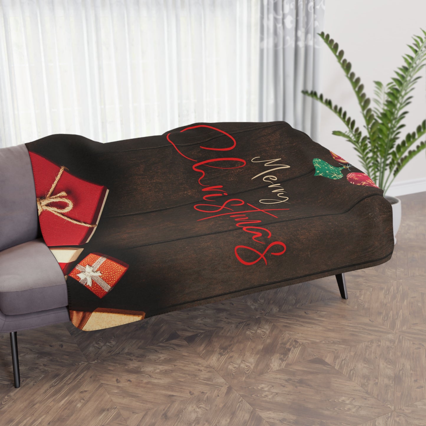 Merry Christmas Printed Sherpa Blanket, Coffee