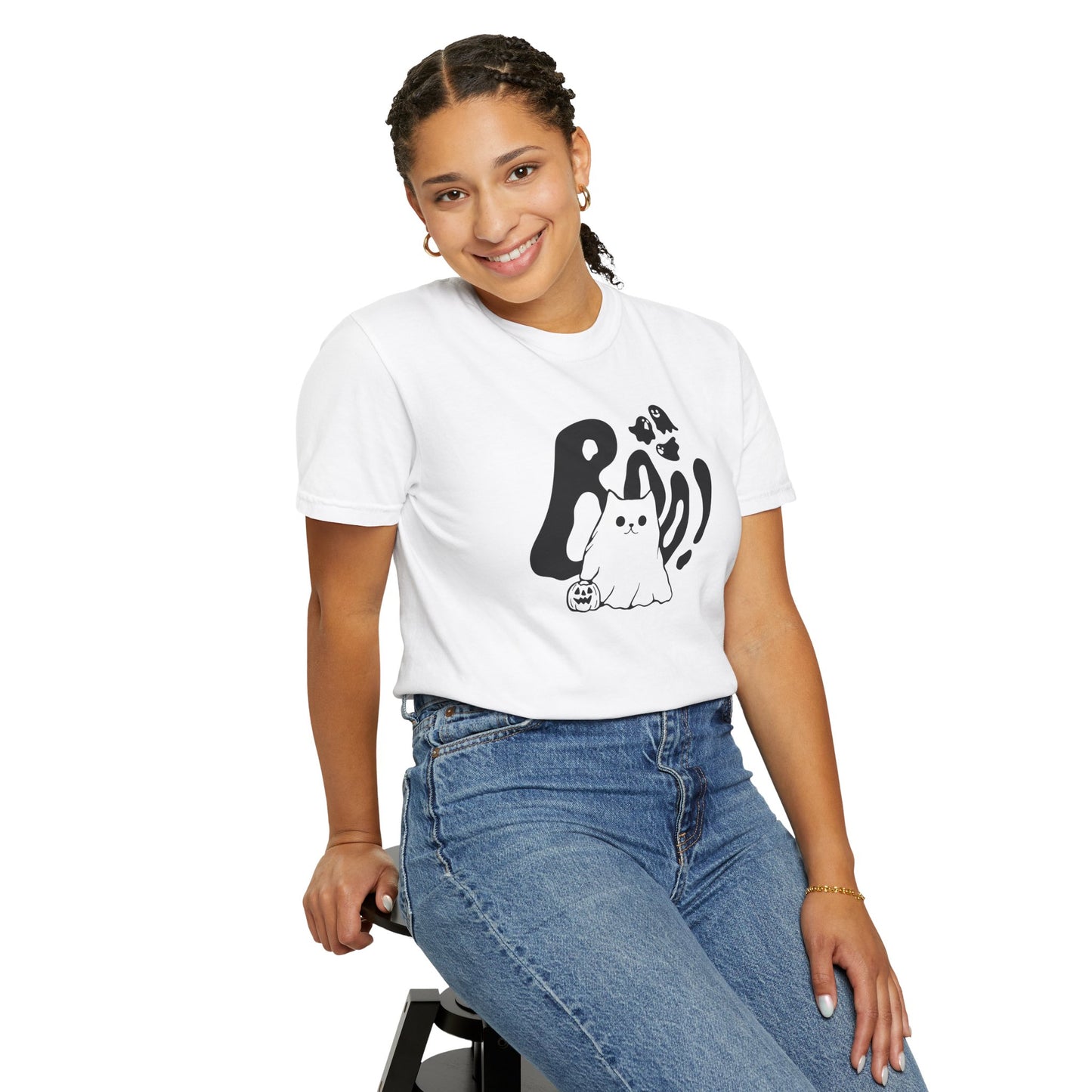 BOO Ghost Cat T-shirt– Pumpkin Purrfection for Halloween