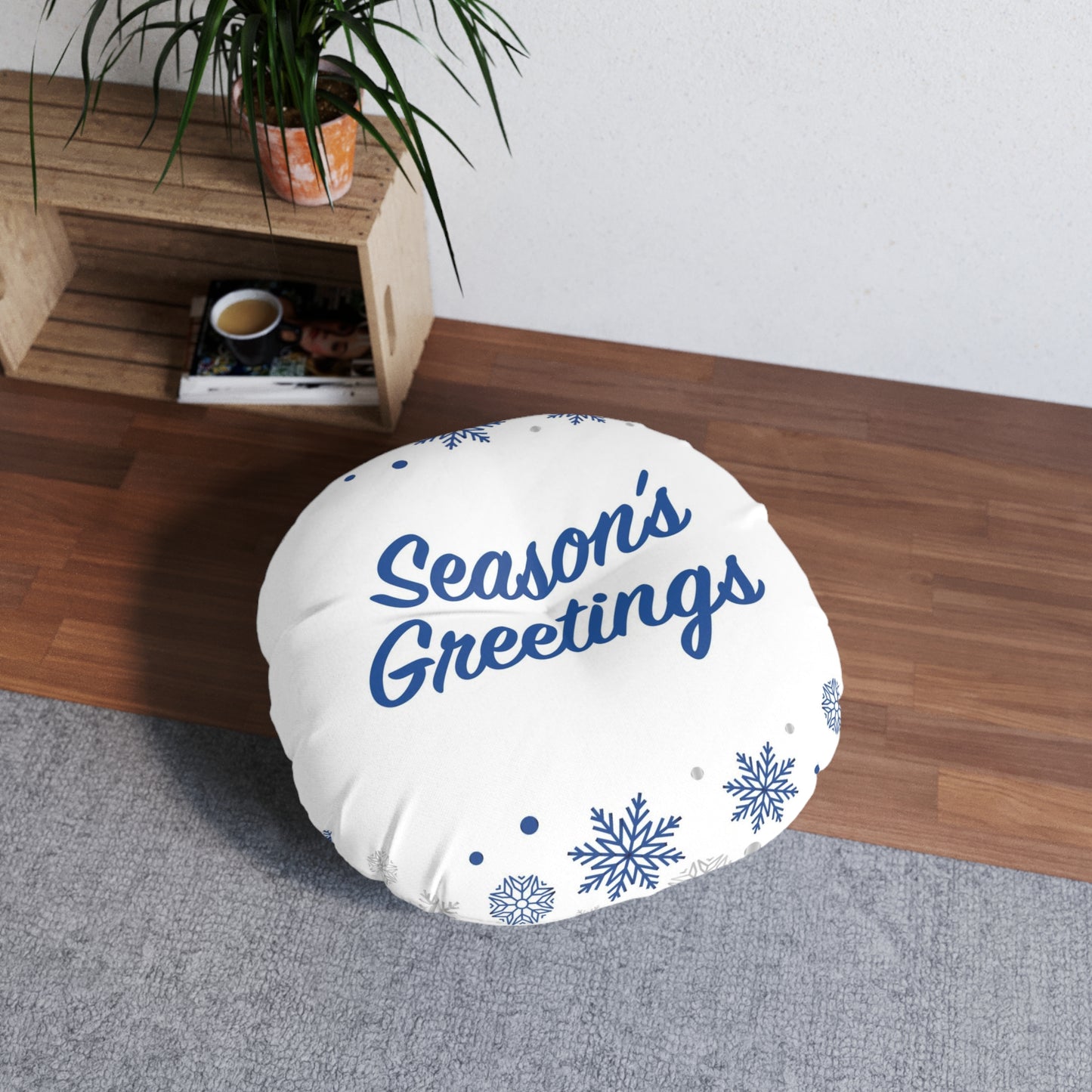 Season's Greetings Tufted Floor Pillow, Round, White