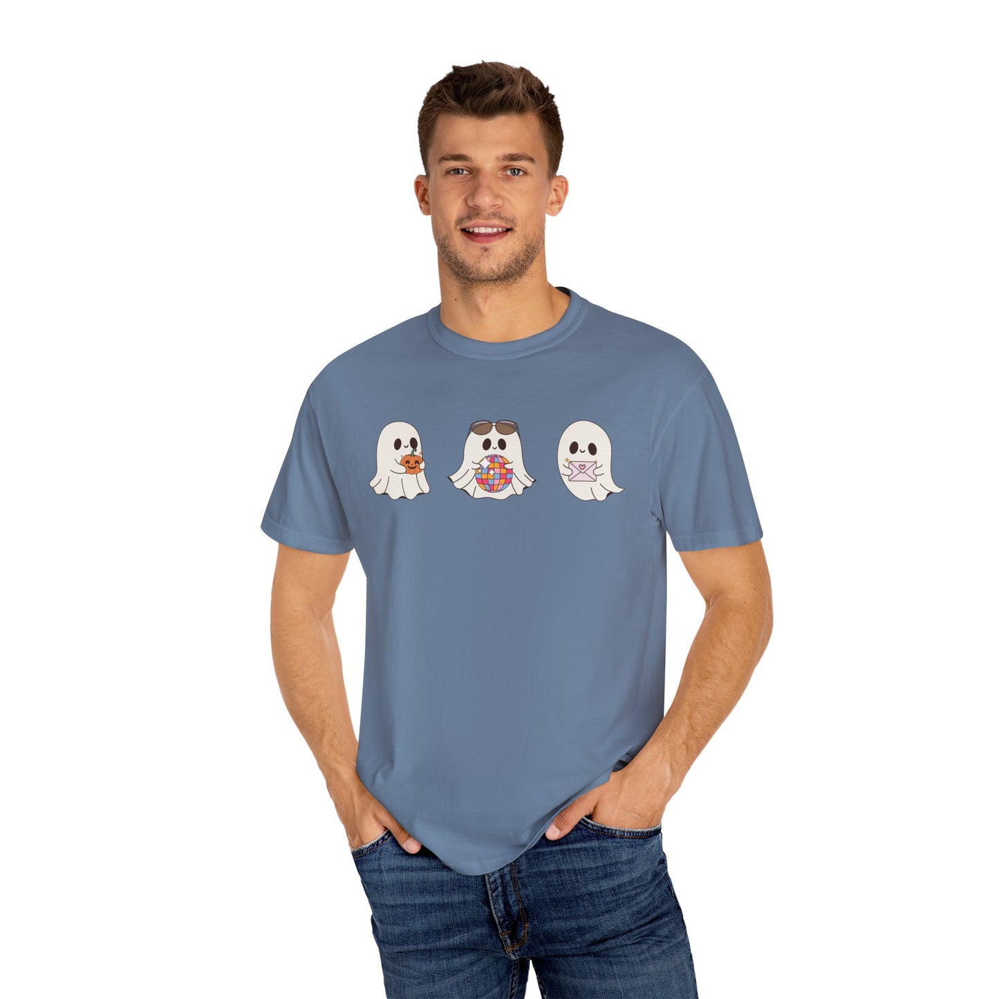 Three Cute Ghosts with Pumpkin, Trick or Treat Party Outfit – October Holiday Shirt