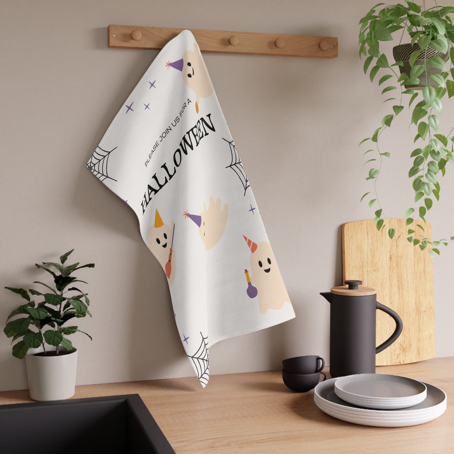 Halloween Party Ghosts Tea Towel – Whimsical Spider Web and Stars Design