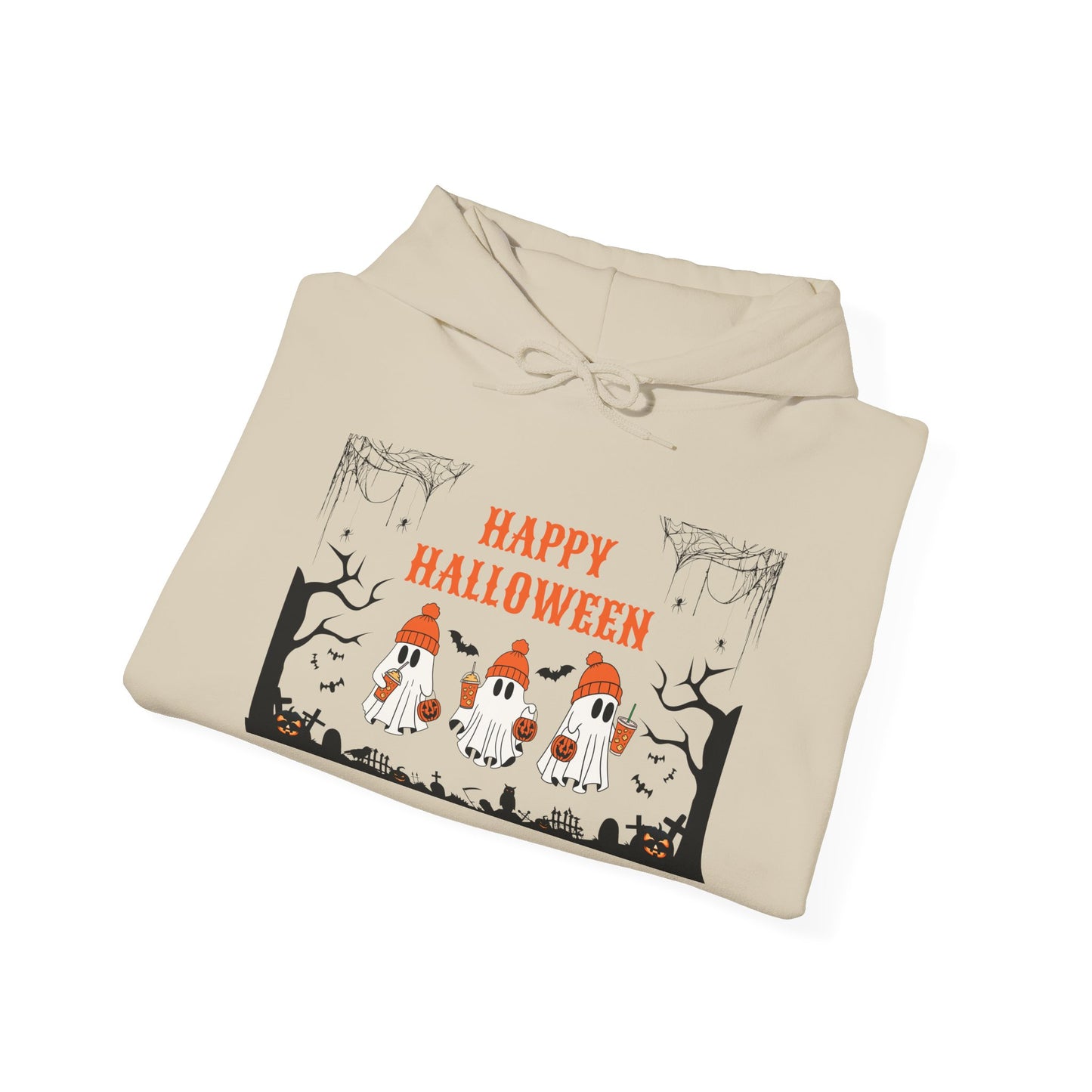 Happy Halloween” Ghost Hoodie – Pumpkin Parade in Haunted Forest