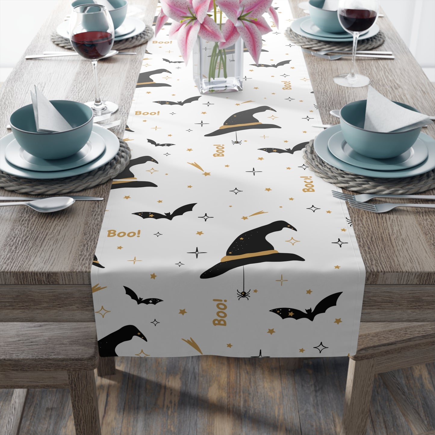 White & Gold Halloween Table Runner – Witchy Spooky Dining Decor