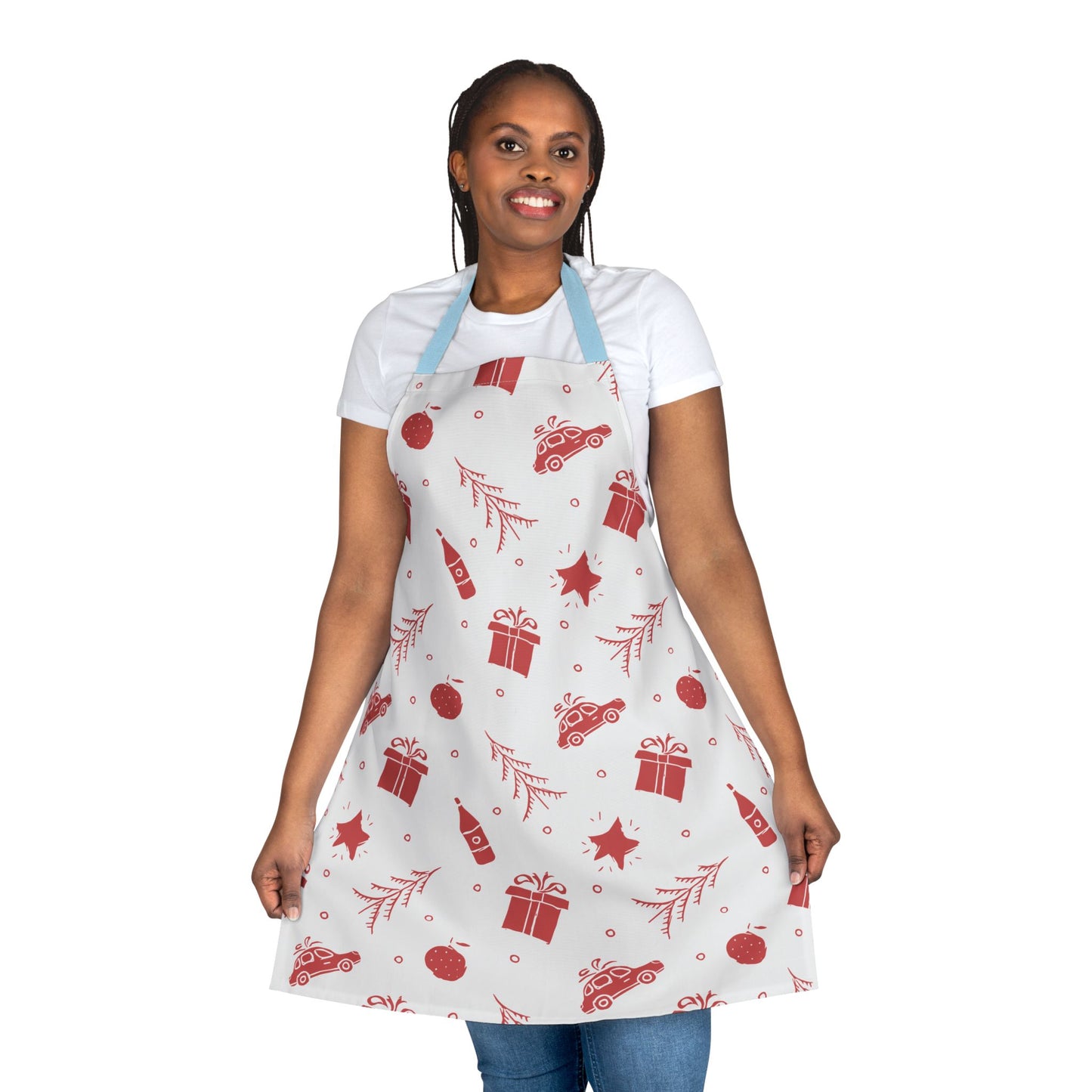 White Christmas Apron with Red Holiday Illustrations and Festive Motifs