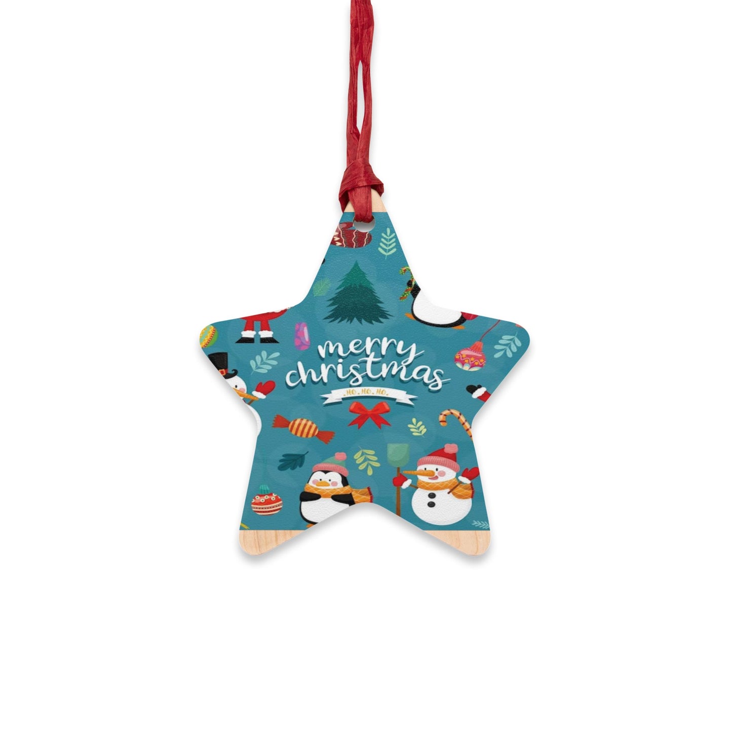 Wooden Ornament – Blue Christmas Stocking with Santa, Snowman & Penguin – Magnetic Holiday Decor with Ribbon