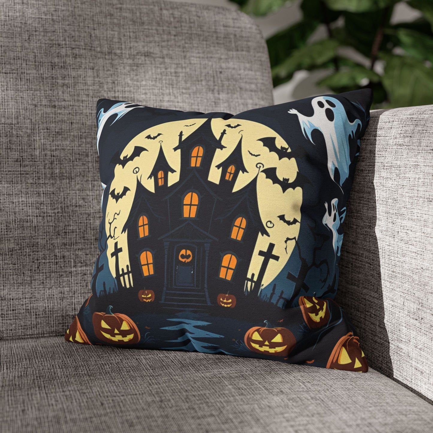 Haunted House Halloween Pillowcase with Ghosts, Bats & Pumpkins – Spooky Throw Pillow Cover for Halloween Home Decor