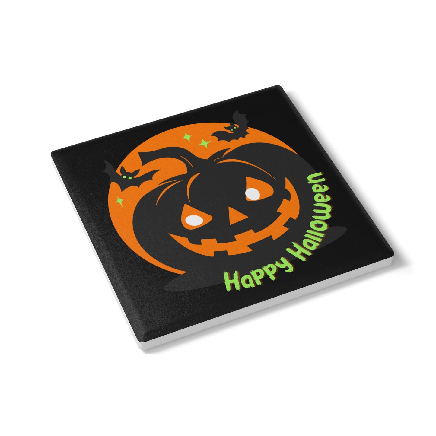 Happy Halloween Ceramic Coaster – Smiling Jack-O’-Lantern with Bats and Stars