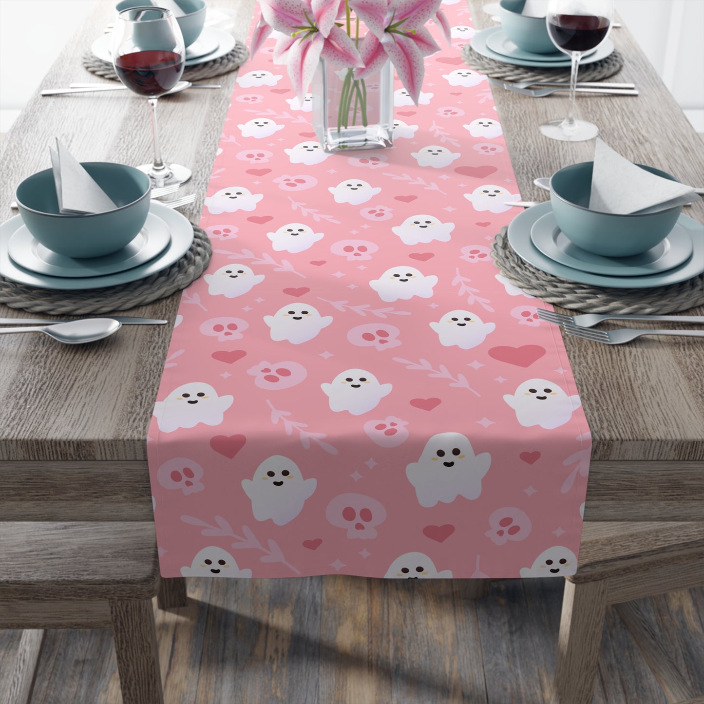Pink Ghost & Skull Table Runner – Whimsical Romantic Halloween Decor