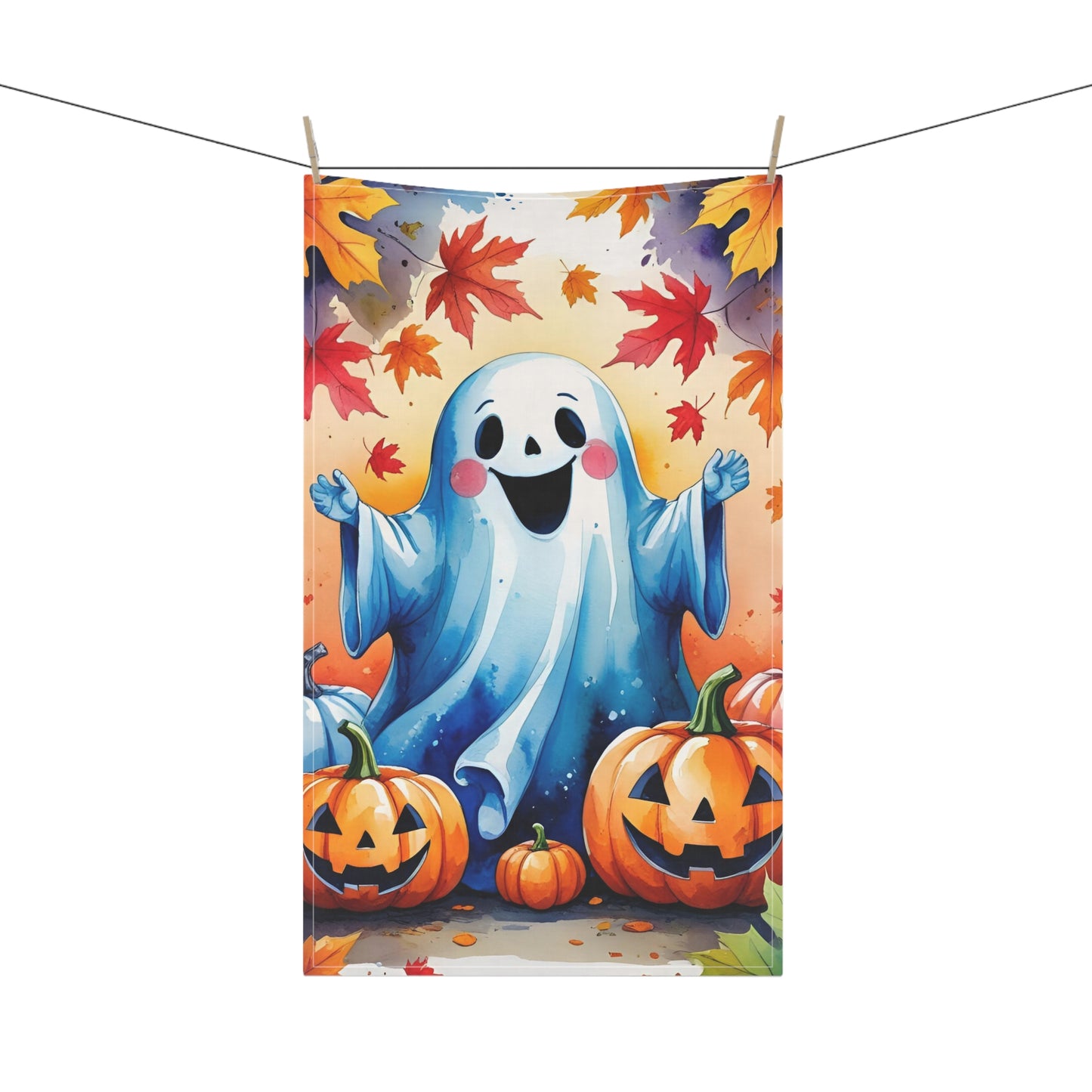 Cheerful Ghost Halloween Tea Towel – Pumpkins and Autumn Leaves
