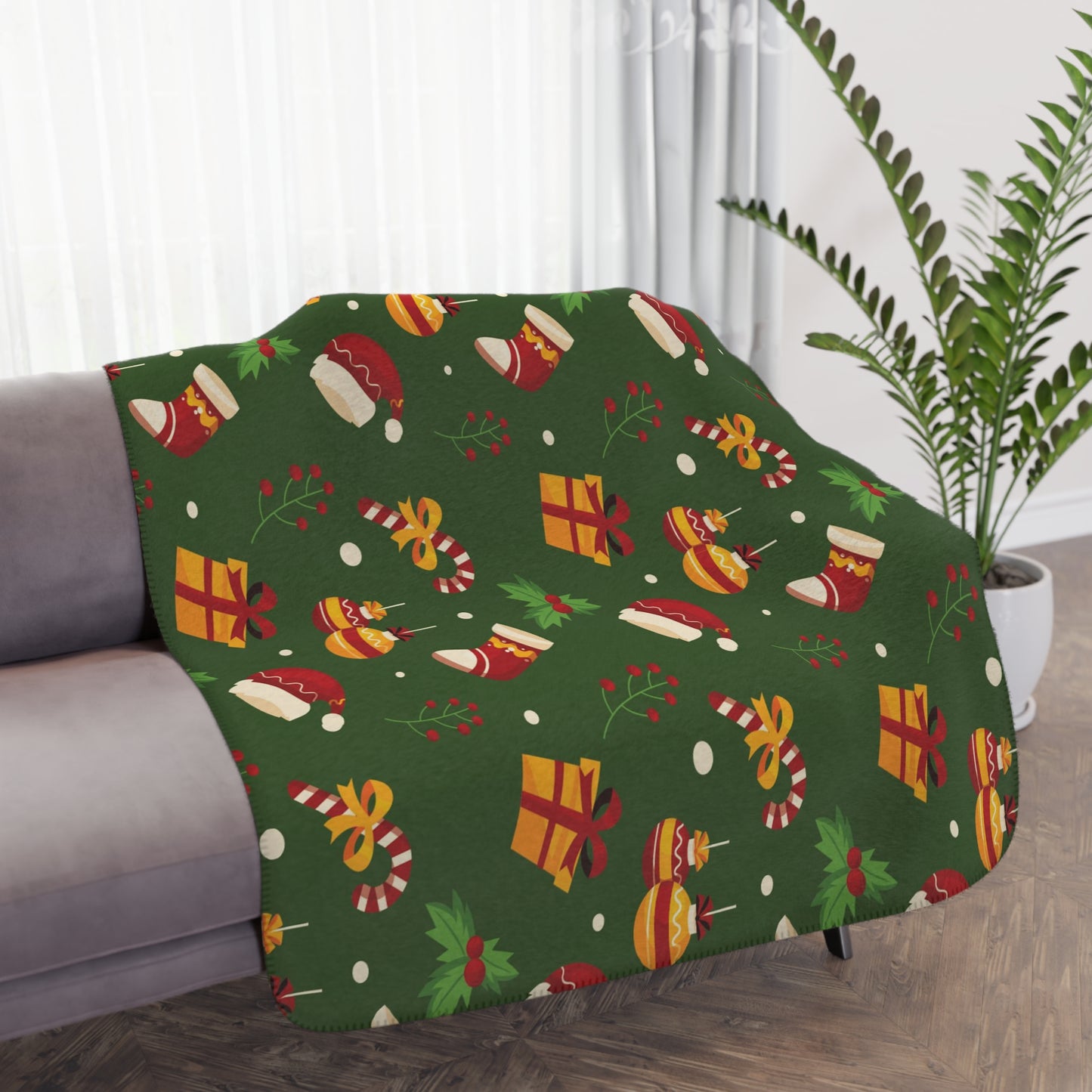 Christmas Tan Sherpa Blanket, Dark Green