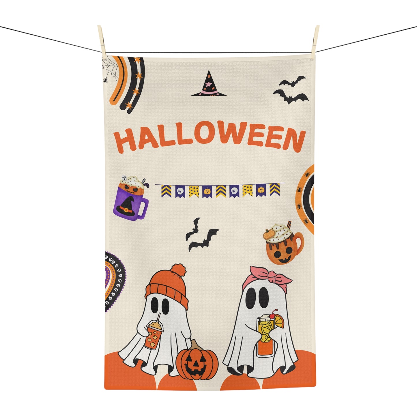Cute Ghosts Halloween Tea Towel – Pumpkin, Bats, and Witch Hat Design