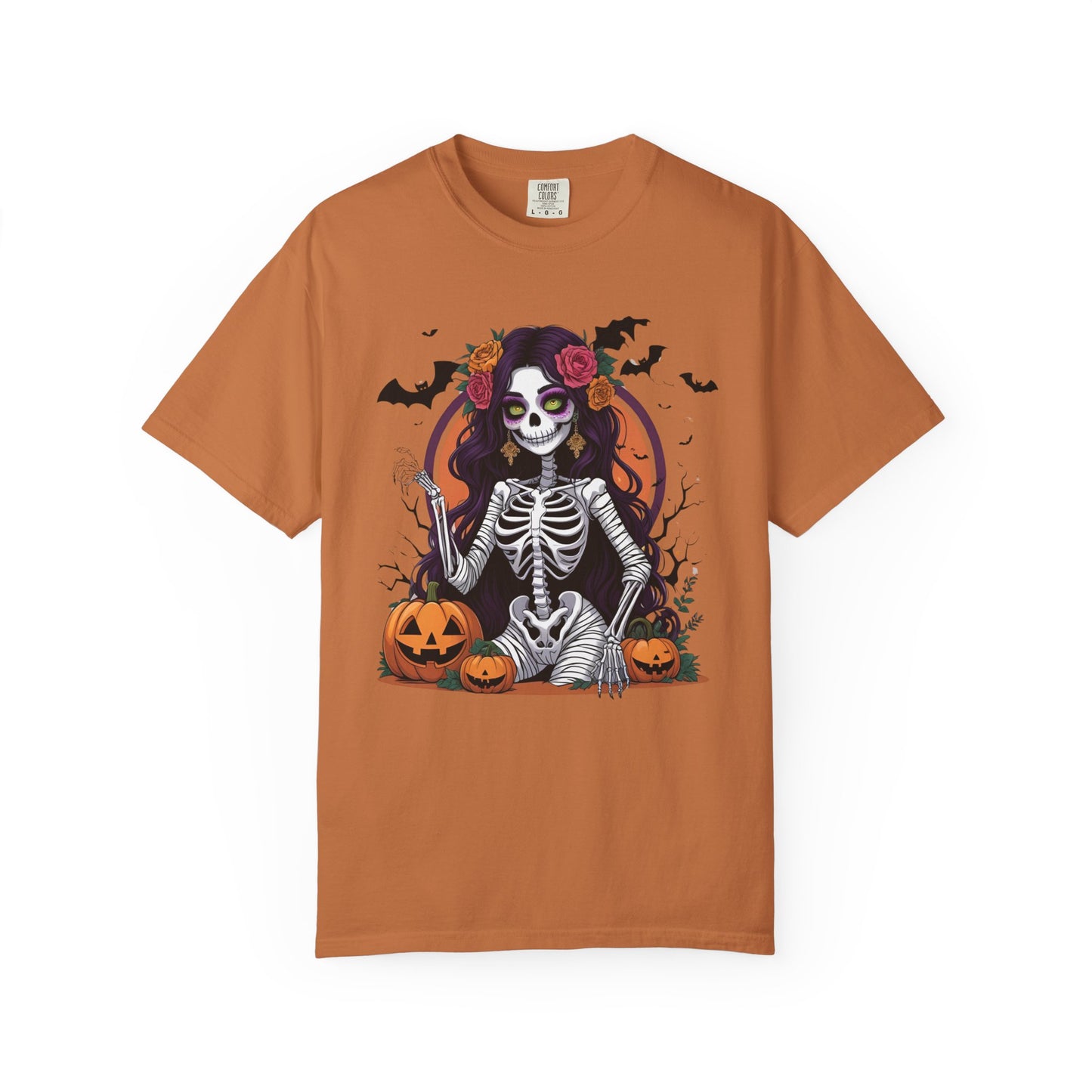 Sitting Skeleton Girl Tee – Gothic Halloween Shirt with Floral Crown
