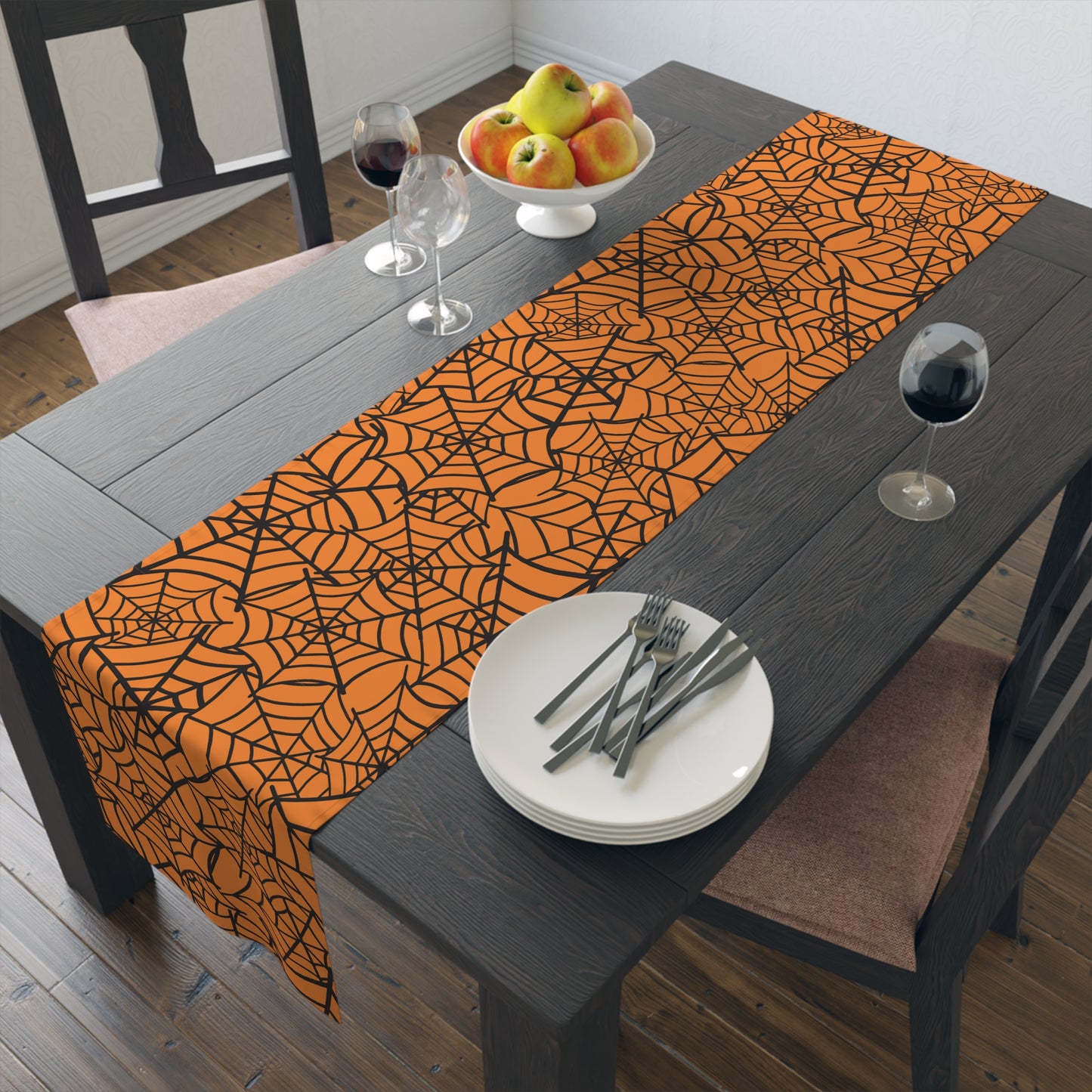 Spiderweb Pattern Table Runner – Orange & Black Halloween Dining Decor