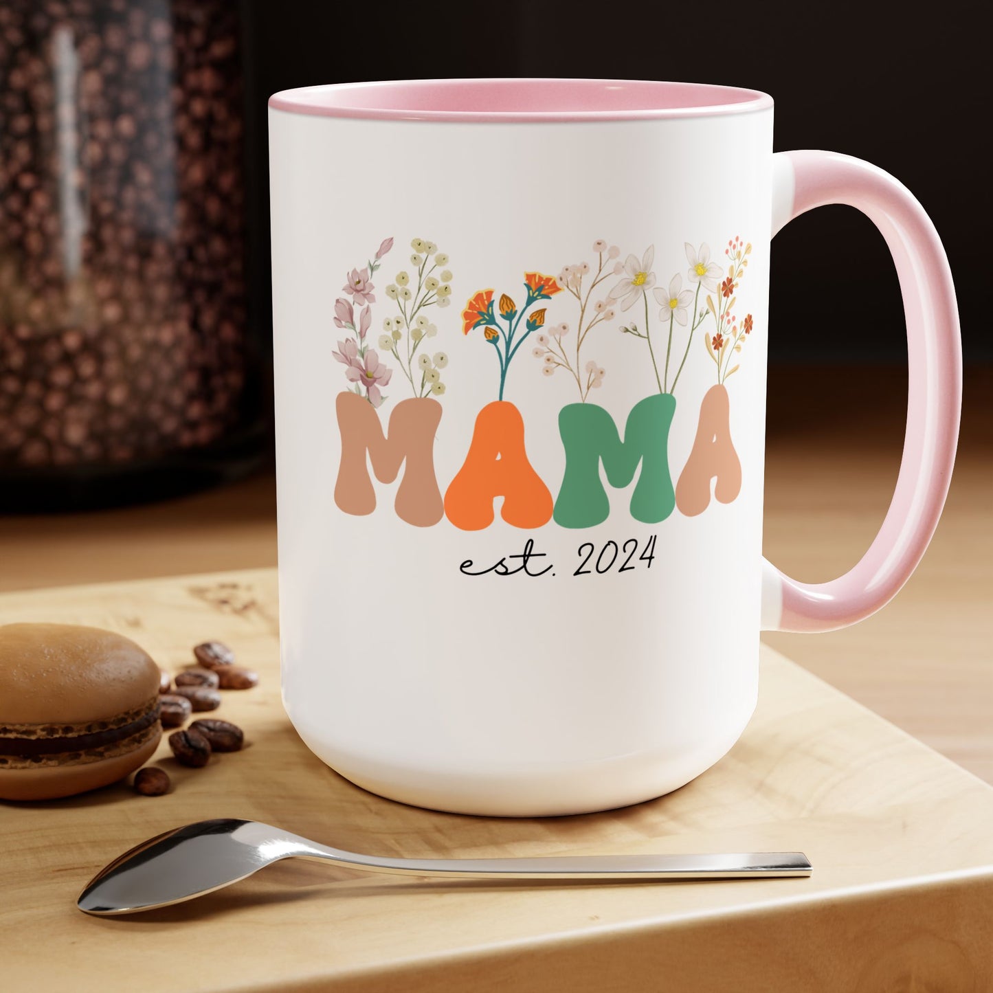 Mama est. Ceramic Coffee Mug – Boho Floral Personalized Mom Gift, 15oz